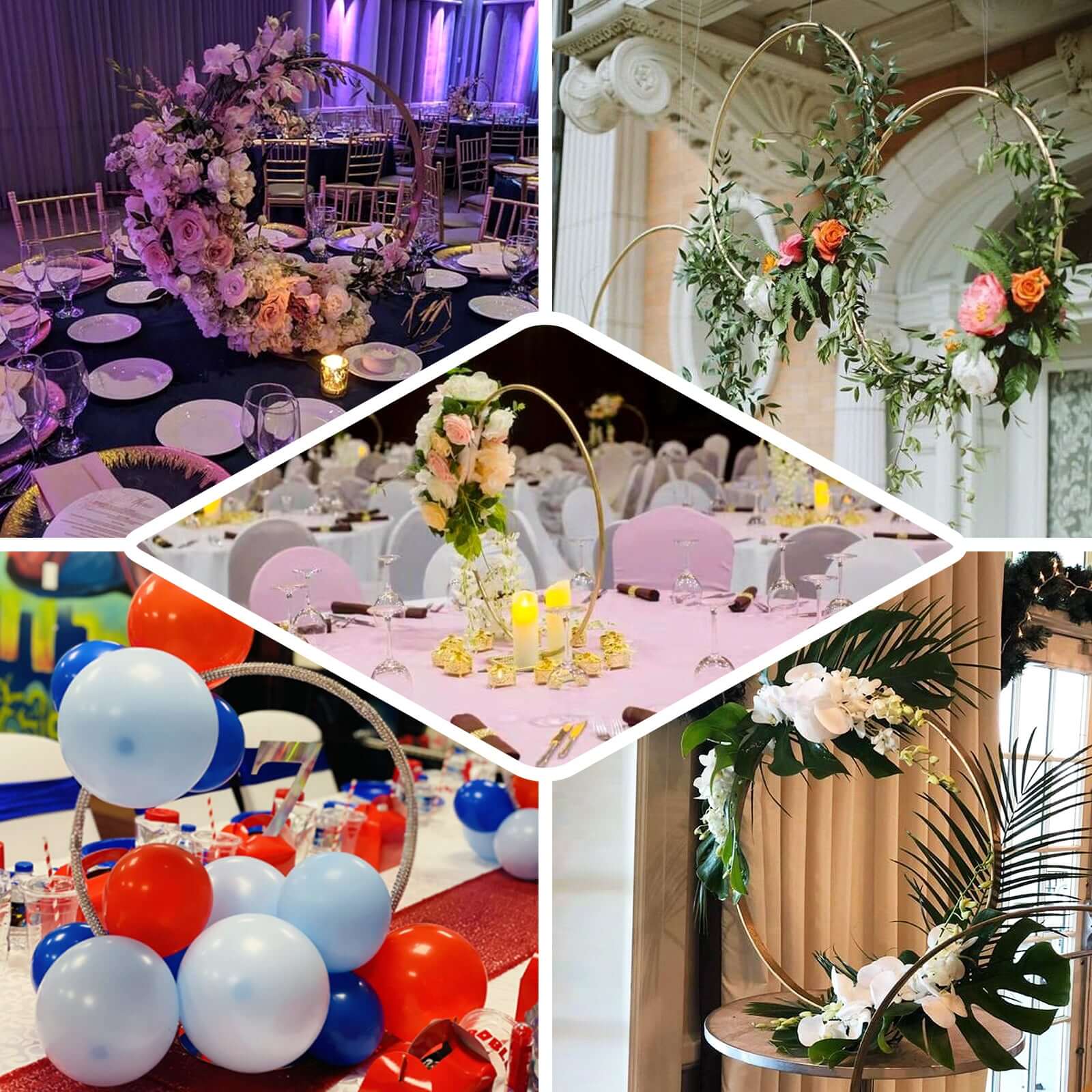 Round Wedding Hoop Table Centerpiece Metal Silver - Self-Standing Floral Wreath Frame for Events 36"