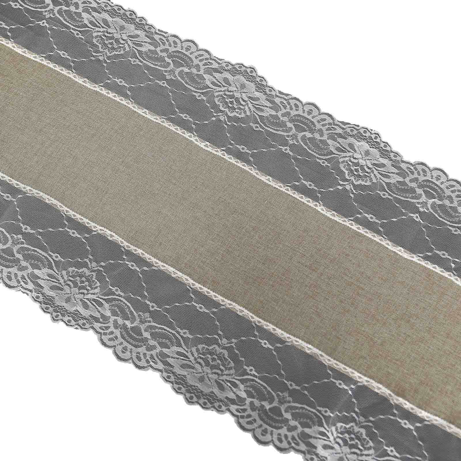 Faux Burlap Jute 16"x108" Table Runner Taupe With White Lace Edging - Rustic Farmhouse Table Linen