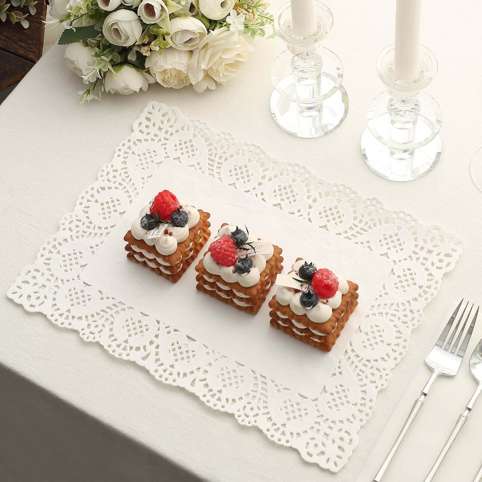 100 Pcs Paper 14"x10" Rectangle Placemats in White - Food Grade Lace Paper Doilies for Dessert Display & Table Decor