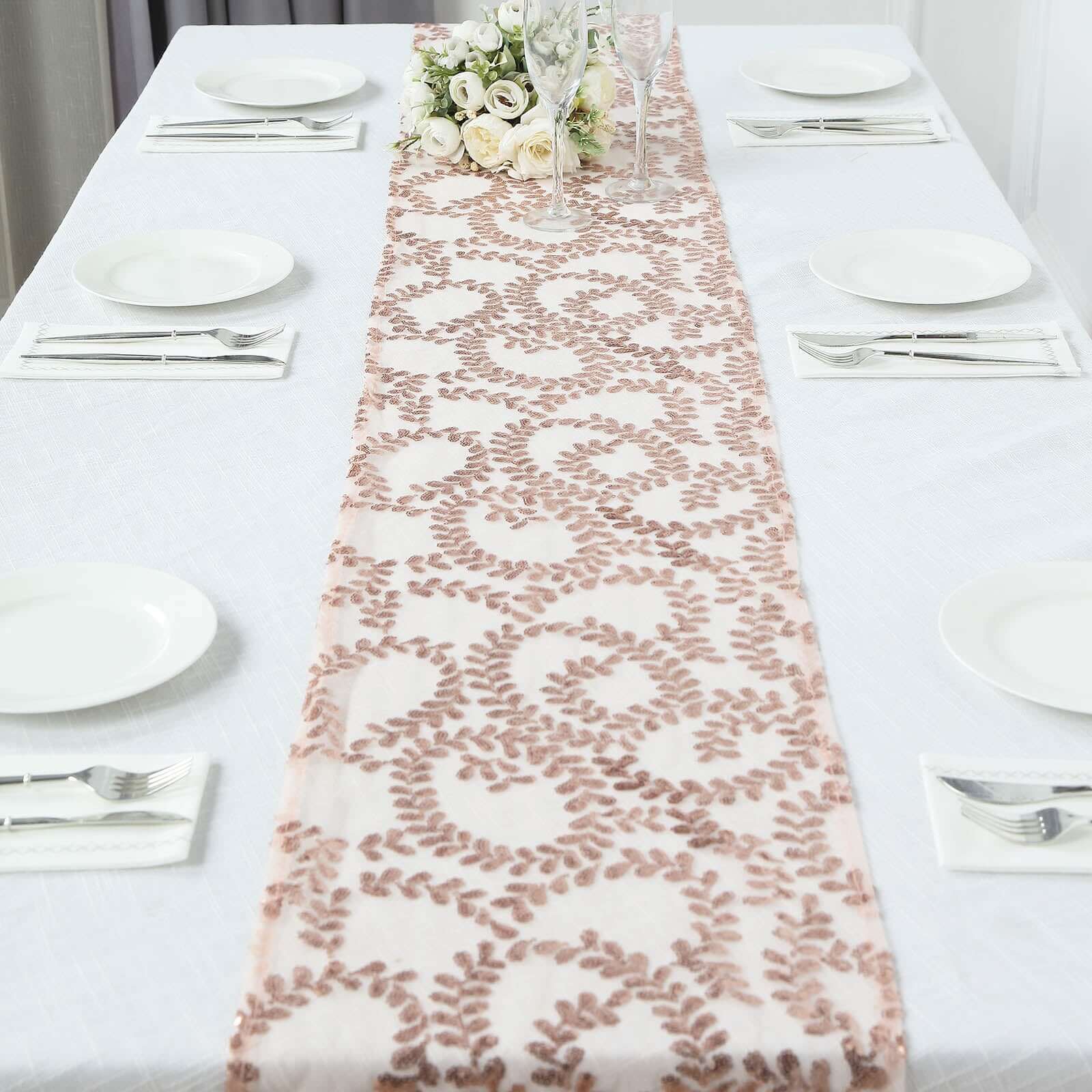 Mesh 12"x108" Table Runner Rose Gold - Leaf Vine Embroidery