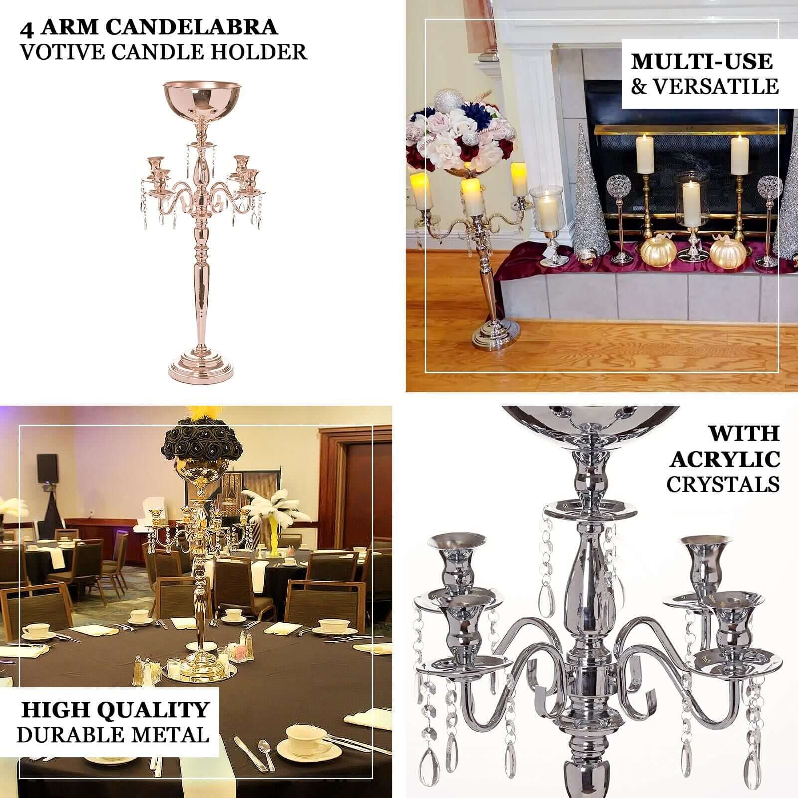 Metal Candelabra 4 Arm Design Silver with Flower Vase Bowl - Table Centerpiece for Weddings 33"