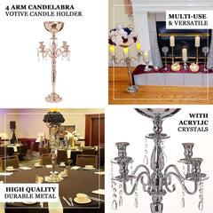 Metal Candelabra 4 Arm Design Silver with Flower Vase Bowl - Table Centerpiece for Weddings 33"