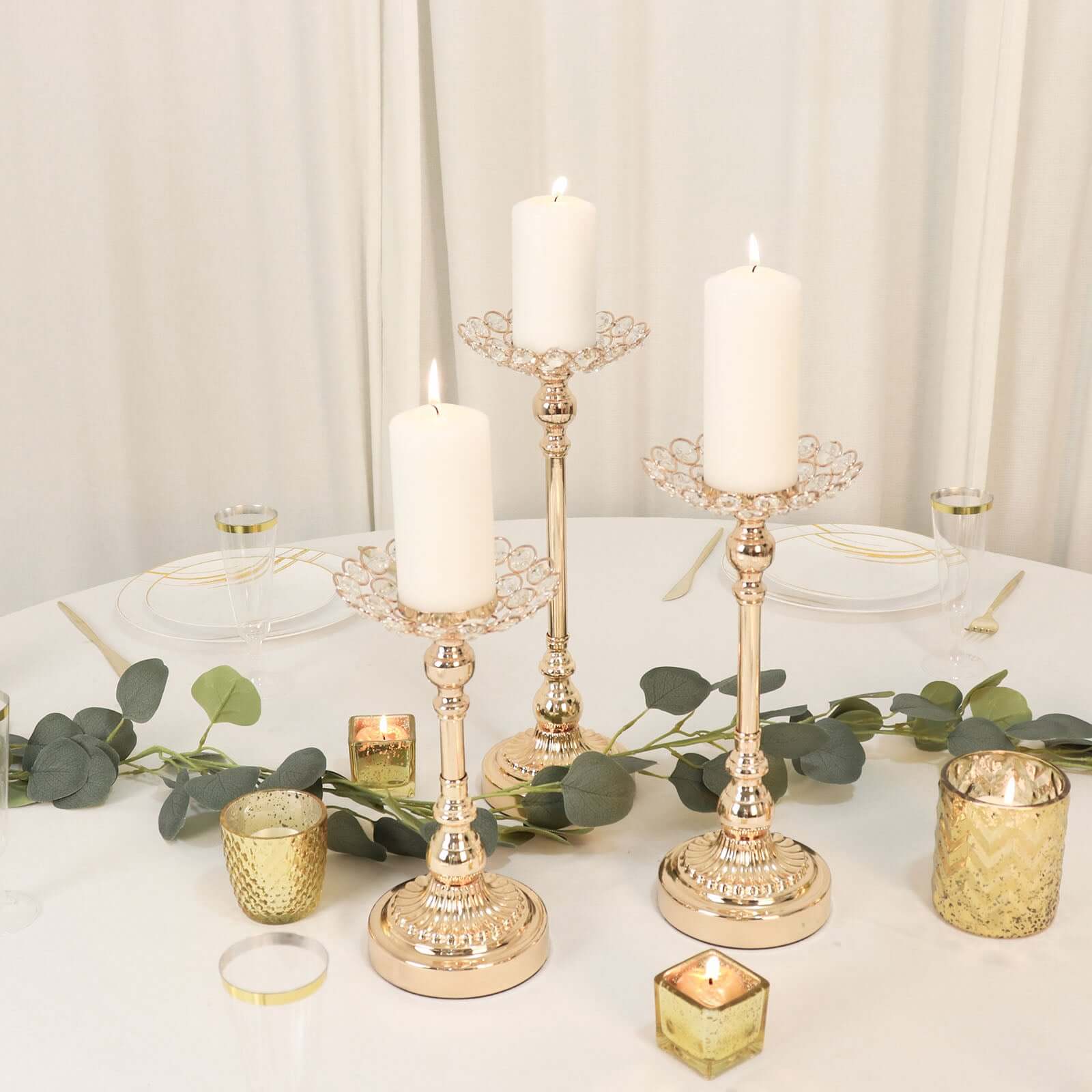 Set of 3 Metal Votive Candle Holders Crystal Beaded Design Gold - Tea Light Centerpieces 11", 13", 15"