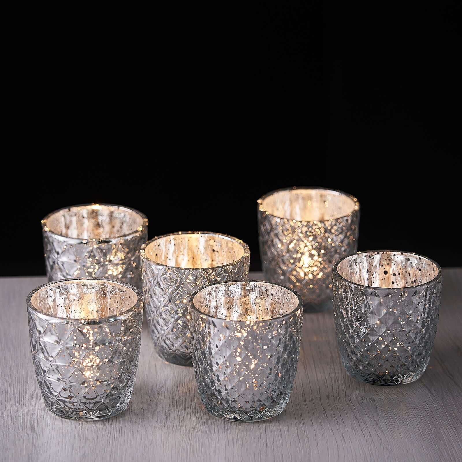 6-Pack Mercury Glass Votive Candle Holders Metallic Silver with Assorted Geometric Designs - Tealight Holders 3"
