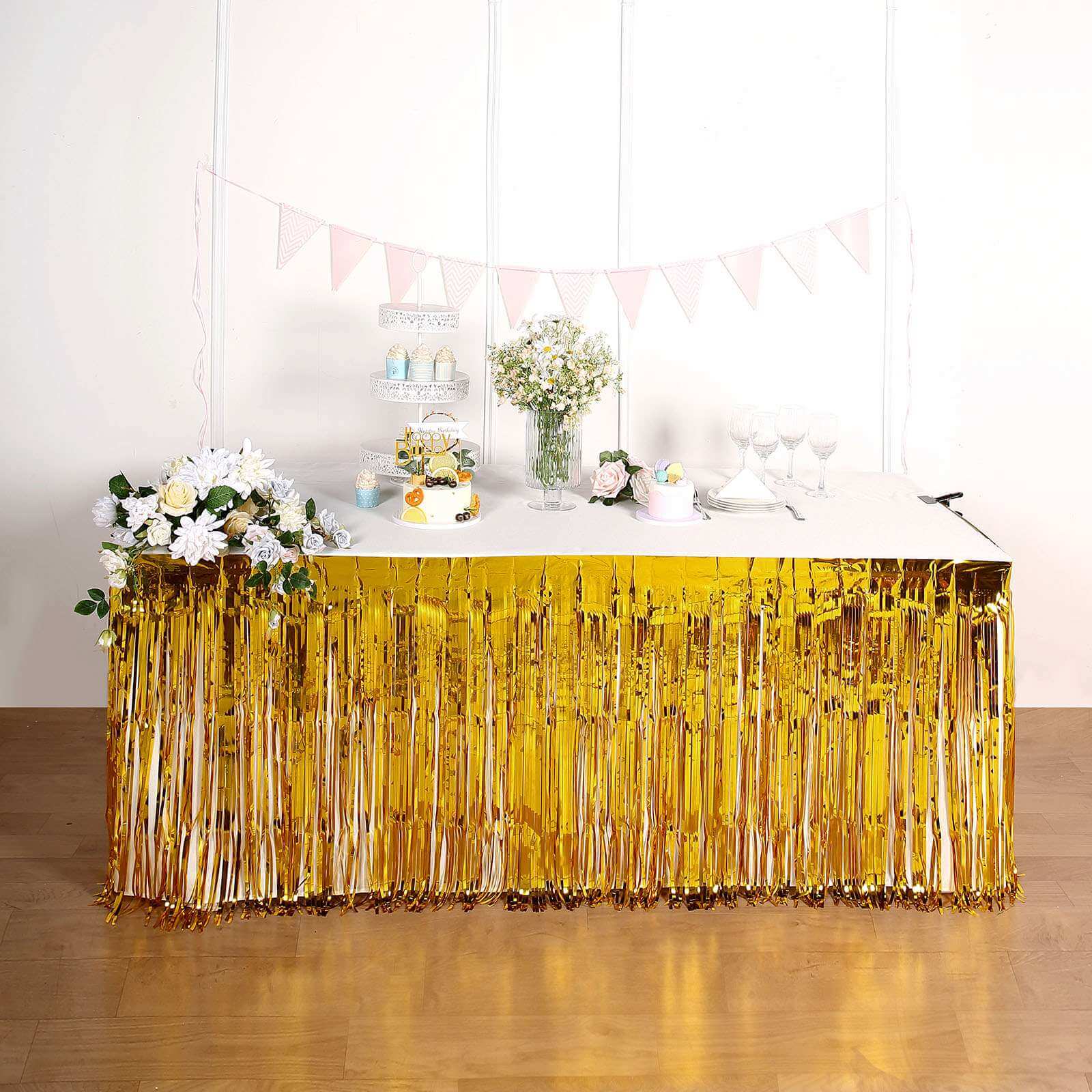Metallic Foil Fringe Table Skirt Gold with Self Adhesive Backing - Durable Tinsel Skirt for Parties 30"x9ft