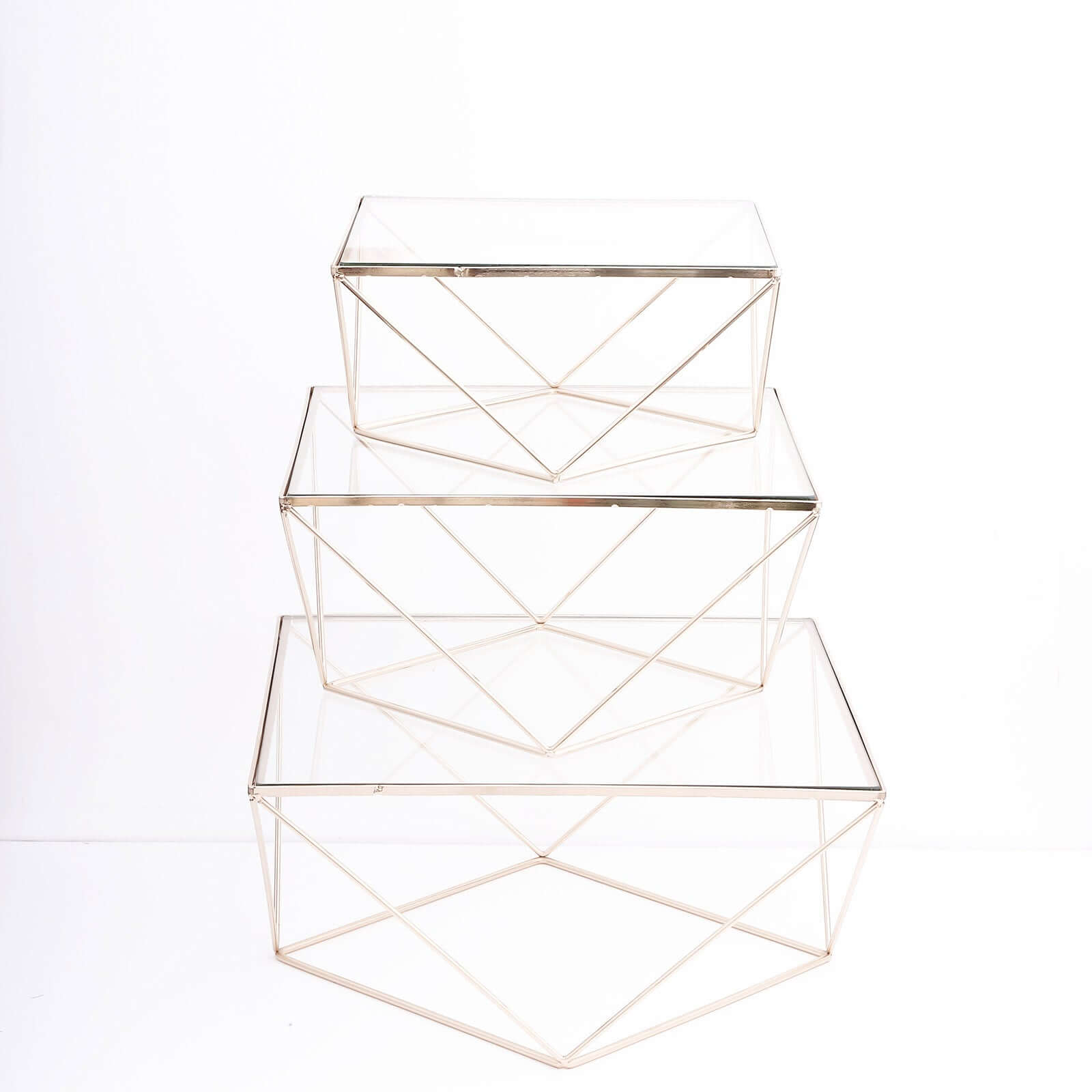 Set of 3 Metal Cake Dessert Stands Geometric Stackable Design Gold with Square Glass Top - Pedestal Display Centerpieces