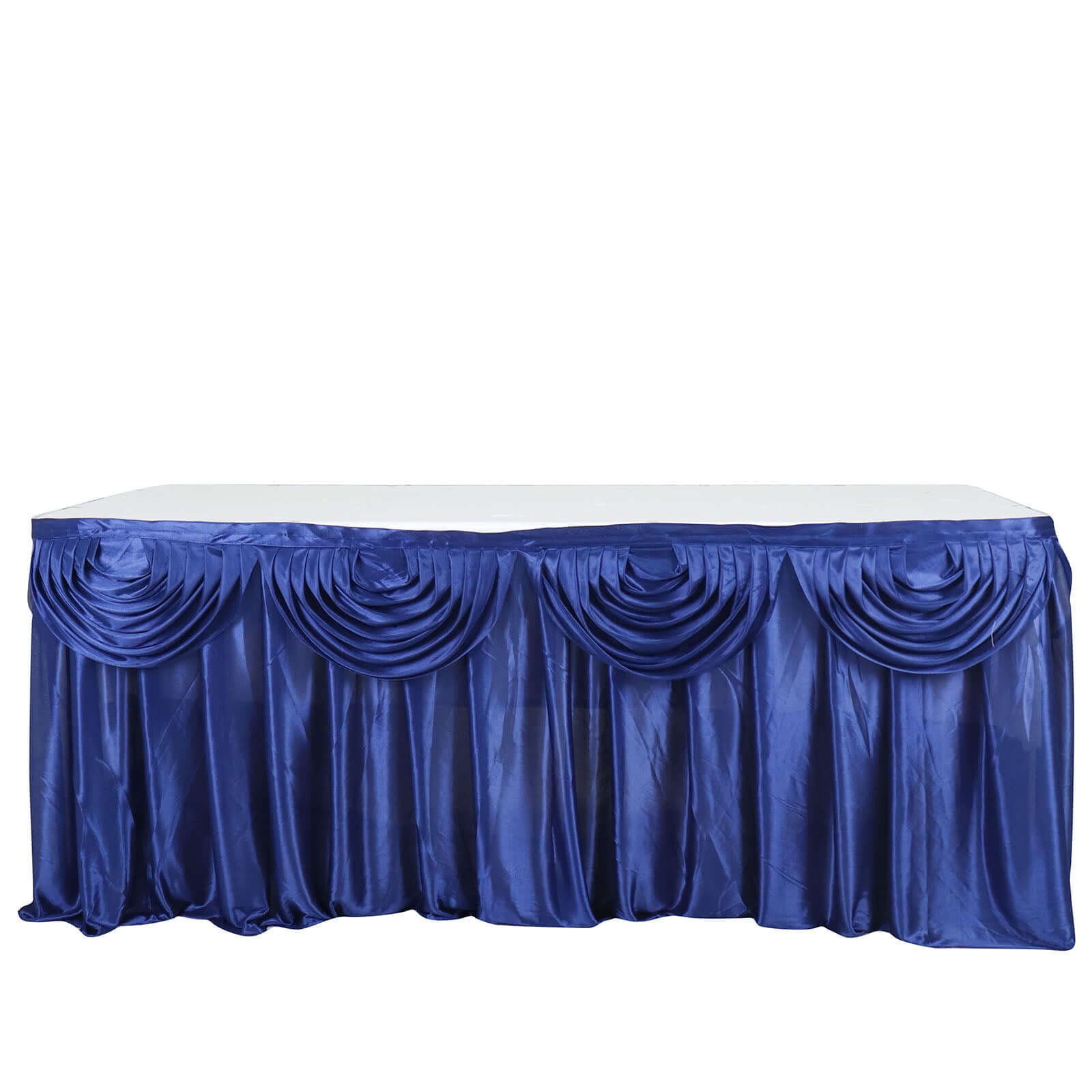 Satin 14ft Table Skirt Navy Blue - Pleated Double Drape Table Cover