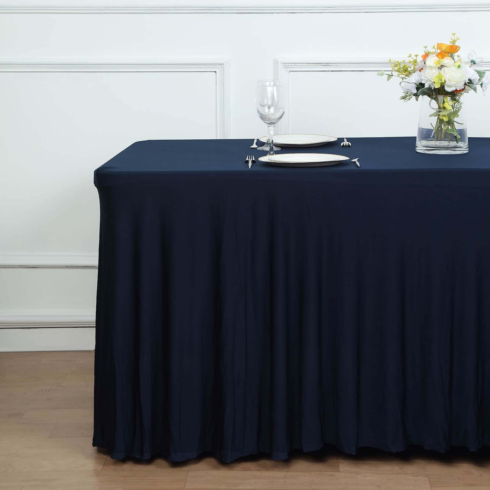 Spandex Rectangle 72"x30" Table Skirt Navy Blue with Wavy Skirt-Like Effect Table Cover