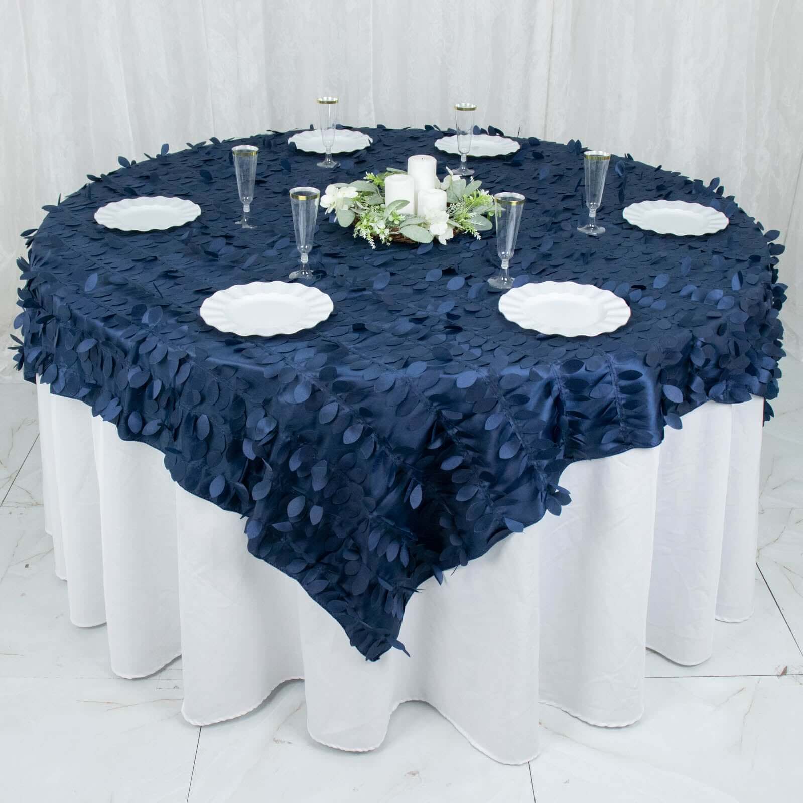 Taffeta 72"x72" Table Overlay Square Tablecloth Navy Blue - 3D Leaf Petal Table Cover