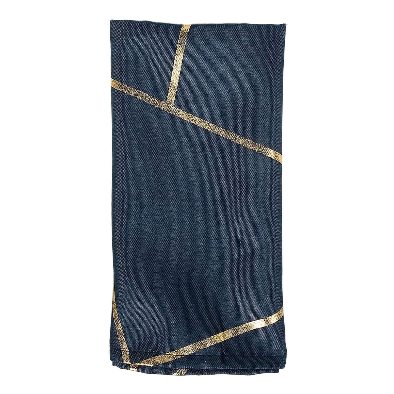 5 Pack Polyester 20"x20" Napkins Navy Blue with Gold Geometric Foil Pattern - Modern Reusable Dinner Napkins