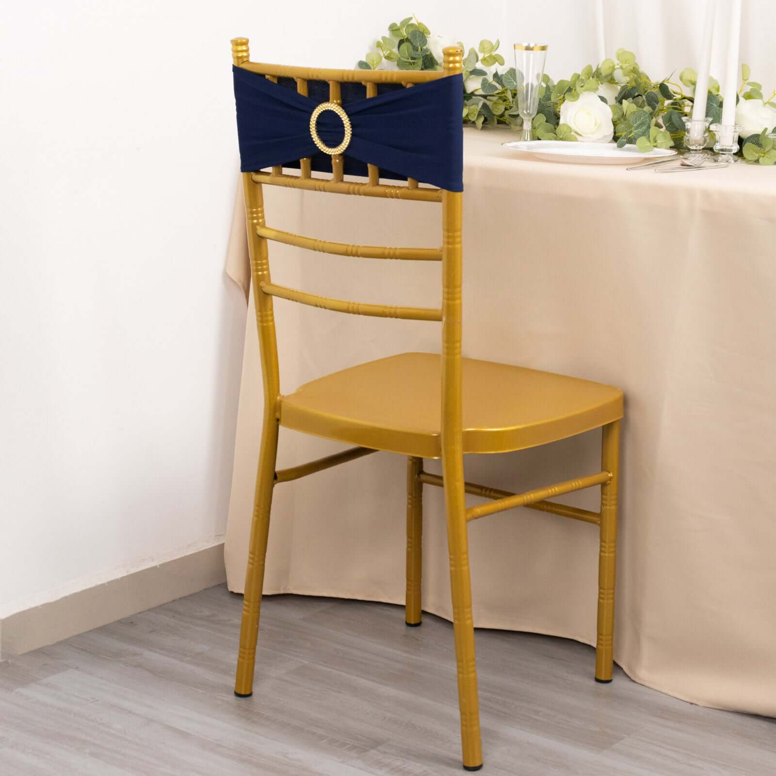 5 Pack Spandex Chair Sashes Navy Blue with Gold Rhinestone Buckles - Reusable Four-Way Stretch Sash Bands 5"x14"
