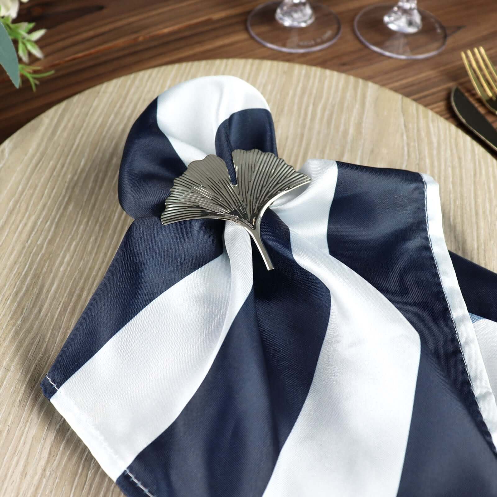 5 Pack Satin 20"x20" Napkins Navy Blue/White - Striped Reusable Dinner Napkins