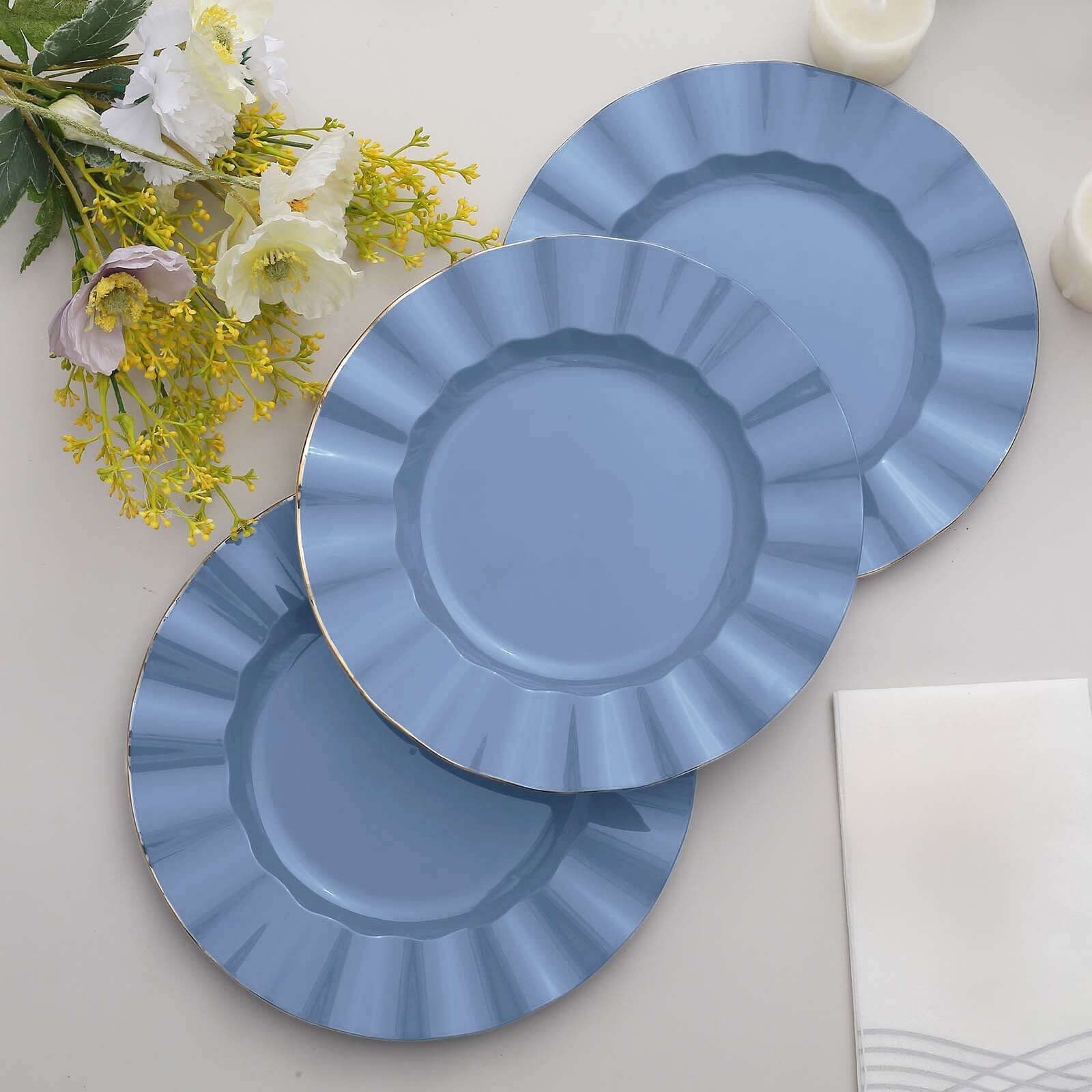 10-Pack Plastic 9" Round Dinner Plates in Ocean Blue Ruffled Rim with Gold Edging - Sturdy Disposable Dinnerware