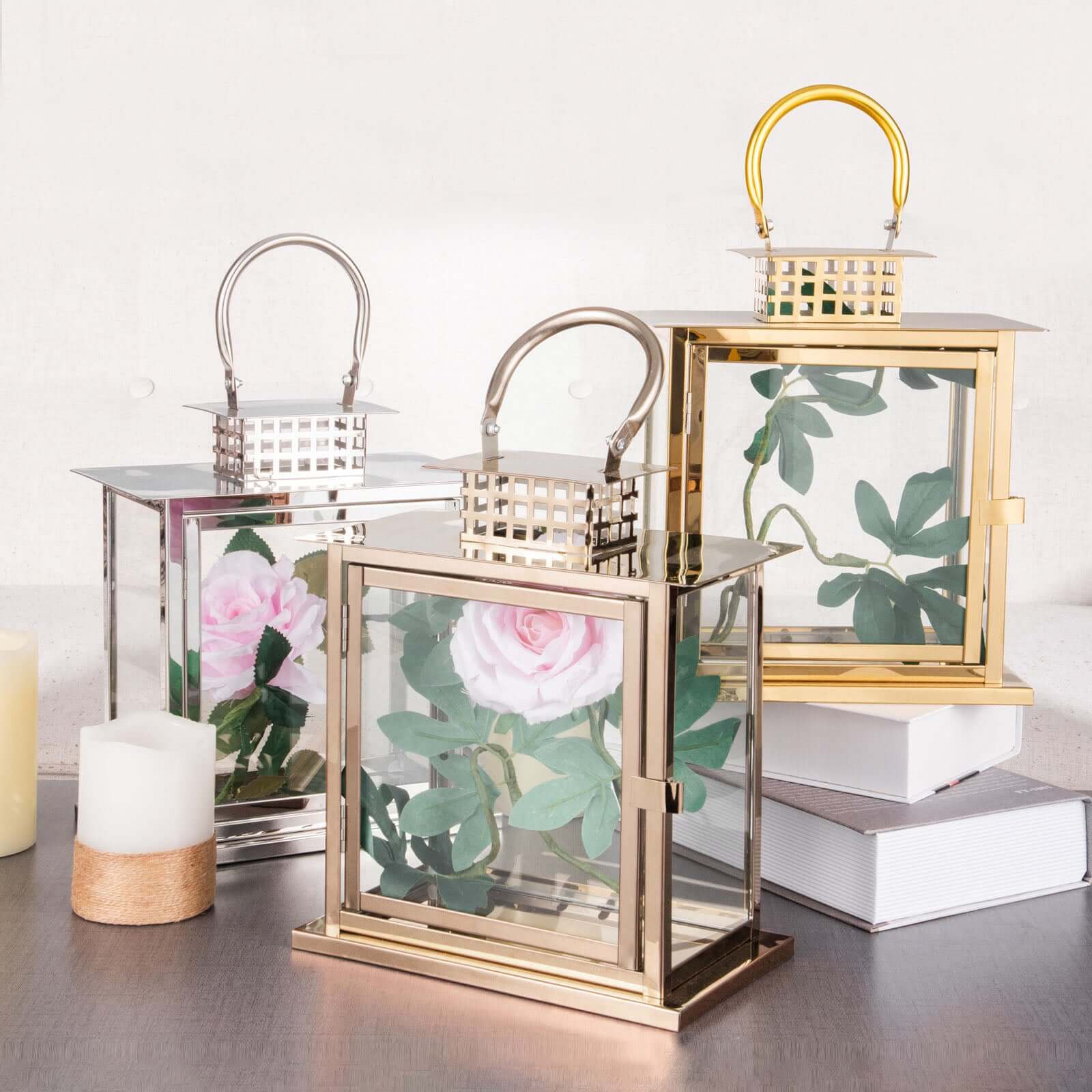 Stainless Steel Candle Lantern Cage Top Design Rose Gold - Outdoor Metal Patio Lantern Centerpiece 10"