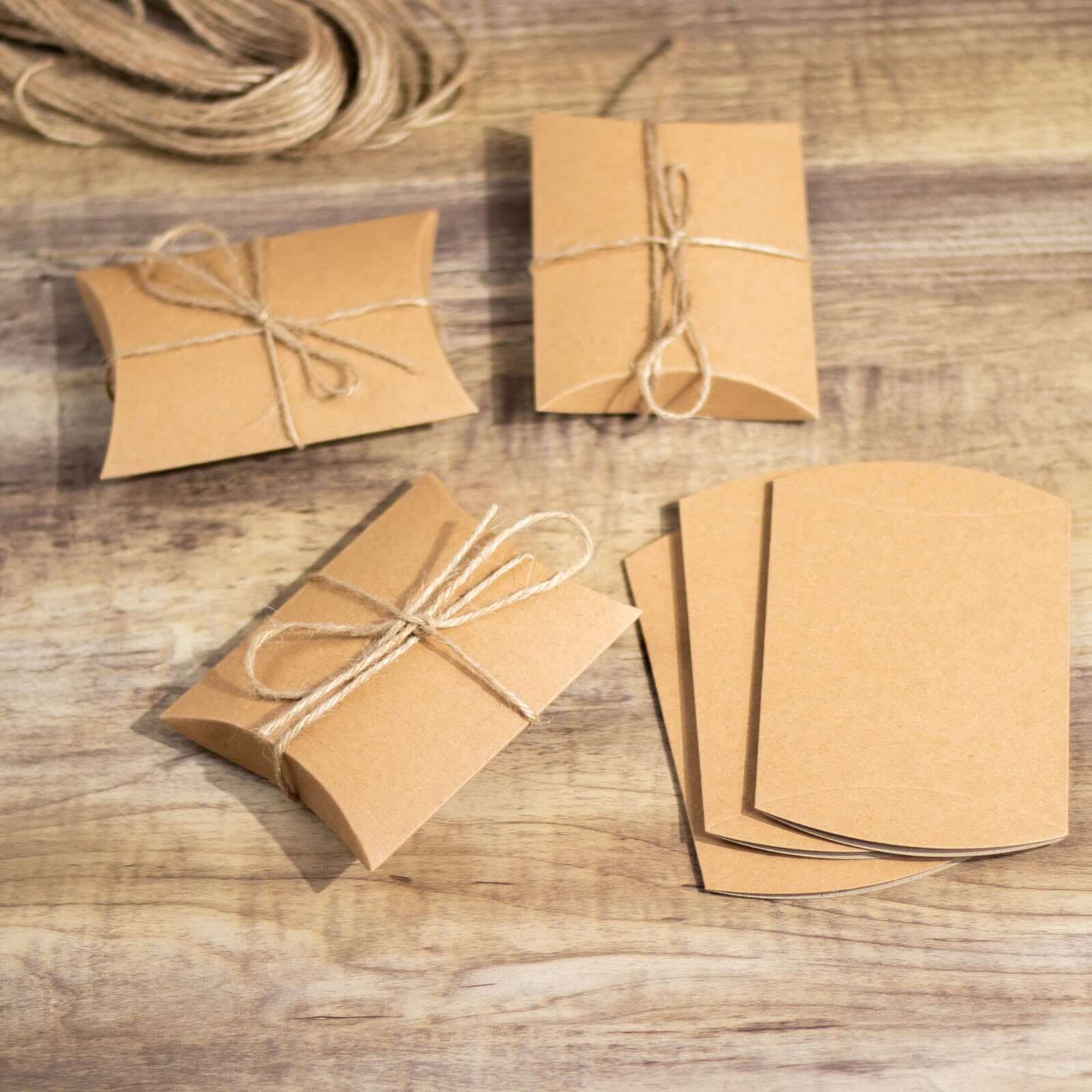 50 Pack 4.5"x3.5" Natural Brown Paper Wedding Favor Pillow Boxes with Burlap Twine, Party Gift Boxes