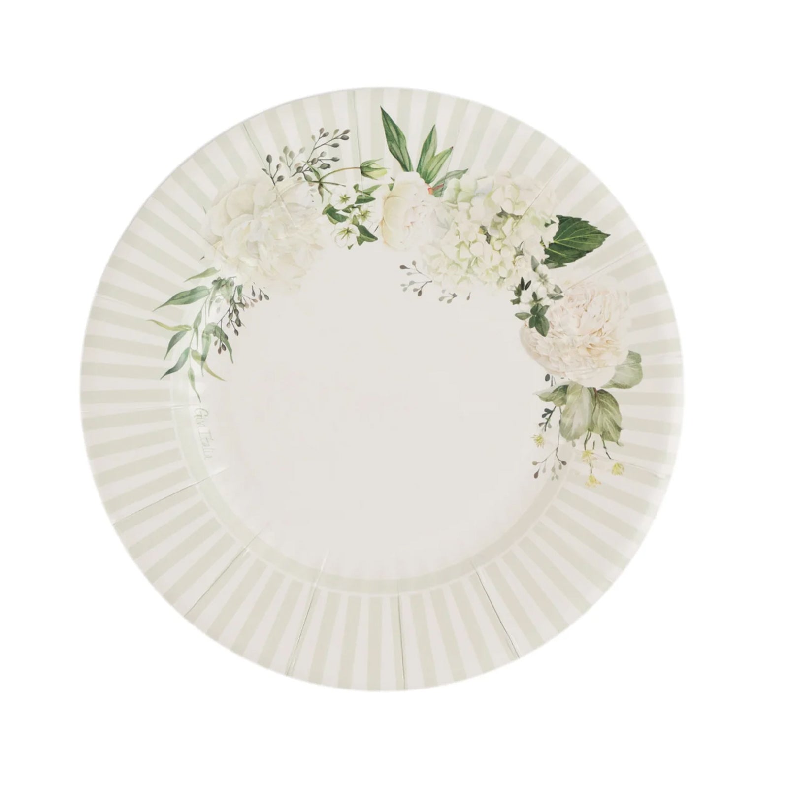 25-Pack Paper 8" Round Dessert Plates in White with Sage Green Floral Print & Lined Rim
