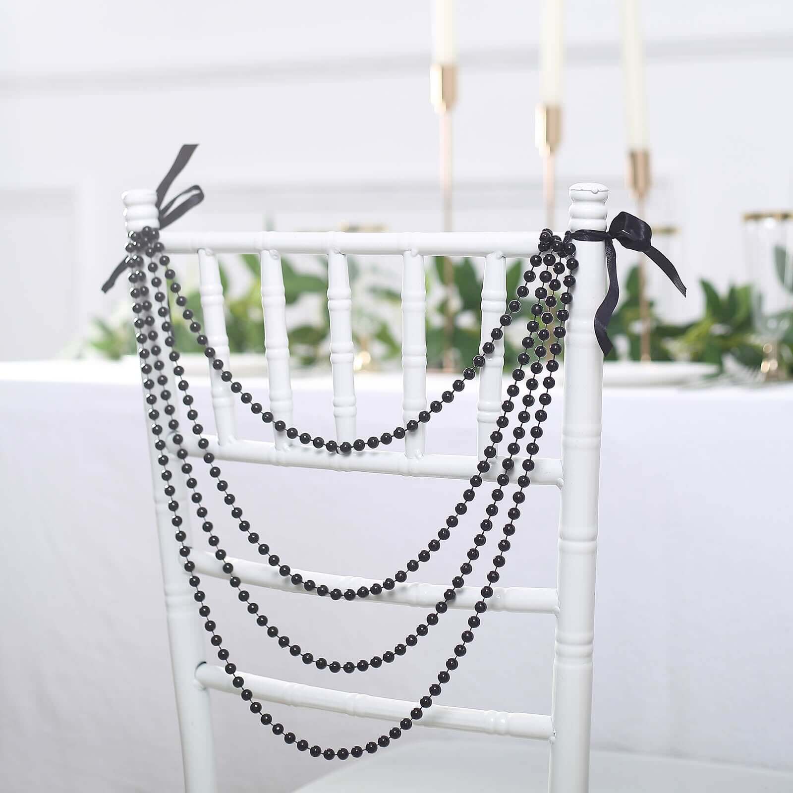 Faux Pearl Beaded 16" Chair Back Garland Sash Black Gatsby-Inspired Style - Pre-Tied Chic Wedding Decor for Chiavari Chairs
