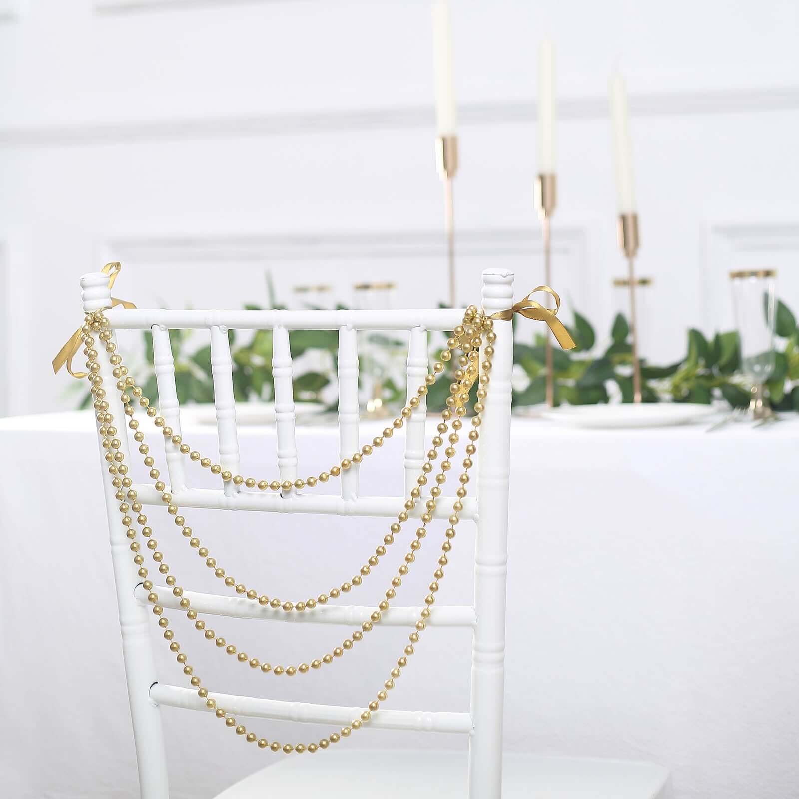 Faux Pearl Beaded 16" Chair Back Garland Sash Gold Gatsby-Inspired Style - Pre-Tied Chic Wedding Decor for Chiavari Chairs