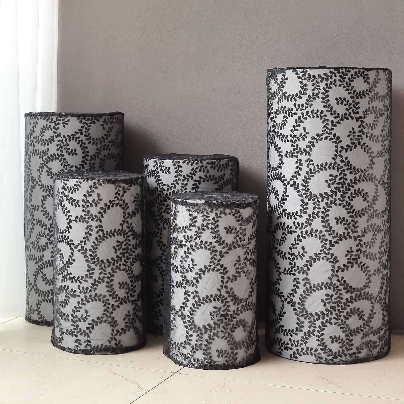 Set of 5 Black Sequin Mesh Cylinder Pedestal Stand Covers with Leaf Vine Embroidery, Sparkly Sheer Tulle Pillar Prop Covers