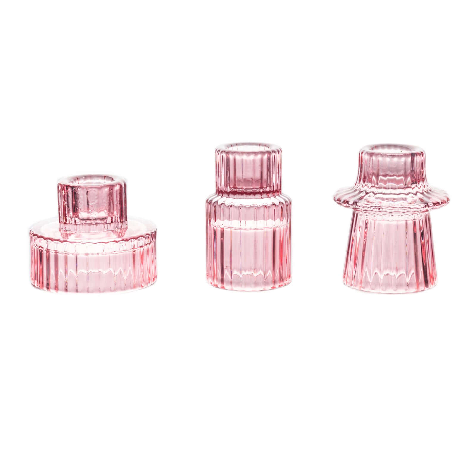 Set of 6 Glass Taper Candle Holders Ribbed Crystal Design Pink - Reversible Mini Votive Tealight Stands 3"