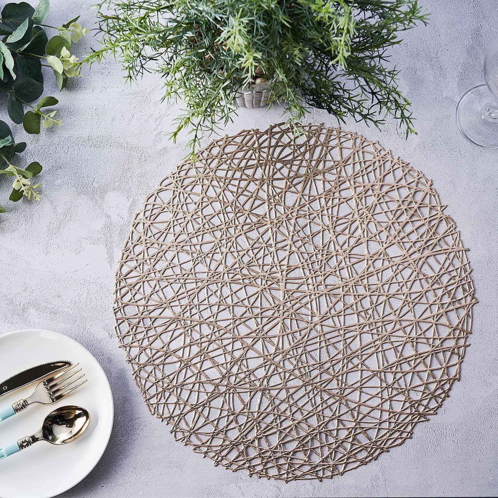 6-Pack Vinyl Placemats Champagne Woven Design - Durable Non-Slip Round Table Mats for Dining 15"
