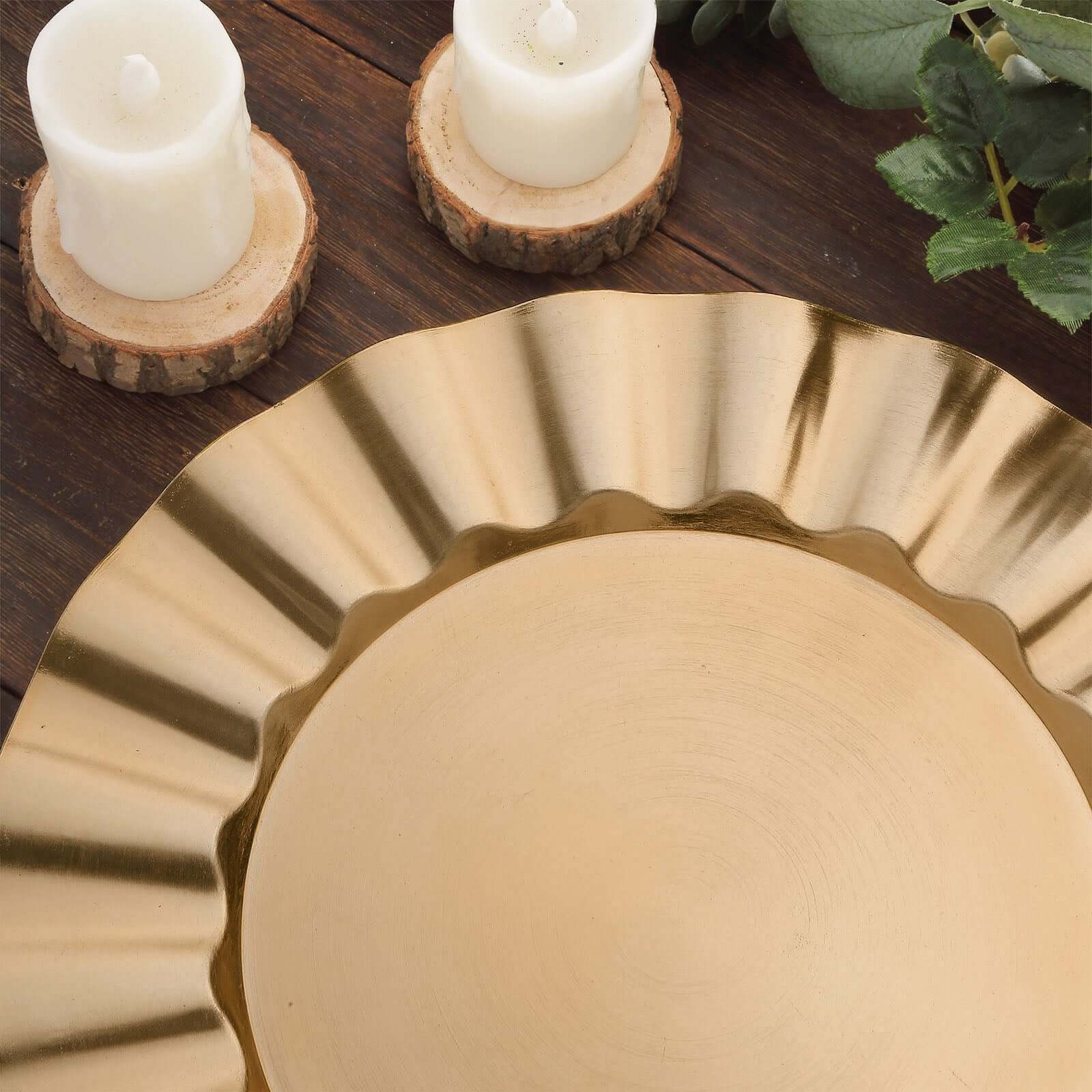 6-Pack Acrylic Plastic Round Charger Plates 13" in Gold with Wavy Scalloped Rim, Decorative Dinner Party Charger Tableware