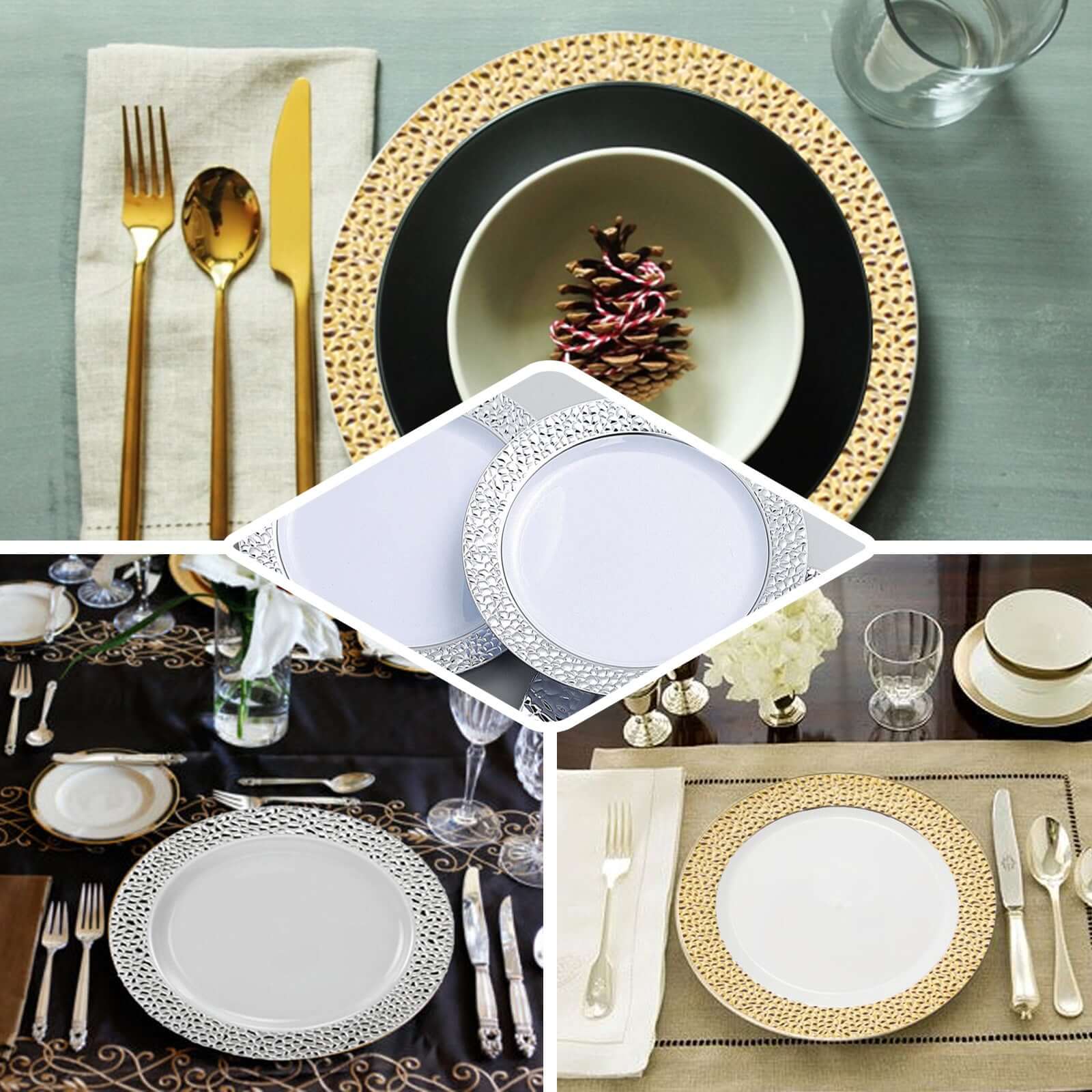10-Pack Plastic 7.5" Round Appetizer Plates in Clear Hammered Design with Gold Rim - Disposable Salad Plates for Chic Banquets & Special Occasions