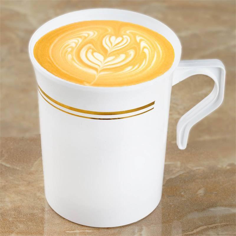 8-Pack Plastic Coffee Mugs White with Gold Stripes - Sturdy Disposable Cups for Coffee and Tea 8oz 4"