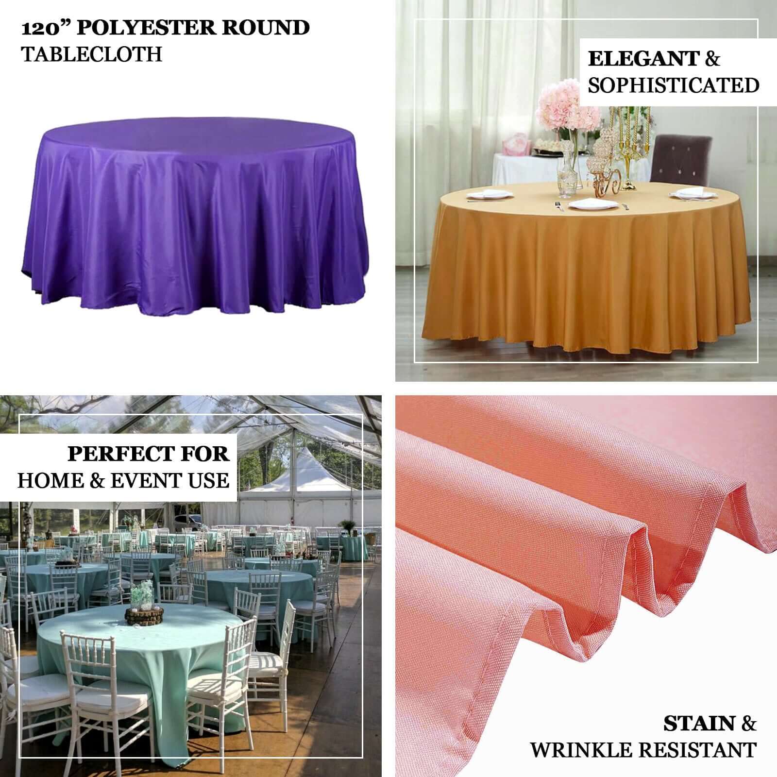 Polyester 120" Round Tablecloth Ivory - Seamless Wrinkle-Resistant Table Cover
