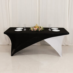 Stretch Spandex 72"x30" Rectangle Table Cover Black/White Cross Over Design - Versatile & Sleek Two-Piece Fitted Tablecloth with Elastic Foot Pockets