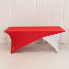 Stretch Spandex 72"x30" Rectangle Table Cover Red/White Cross Over Design - Versatile & Sleek Two-Piece Fitted Tablecloth with Elastic Foot Pockets