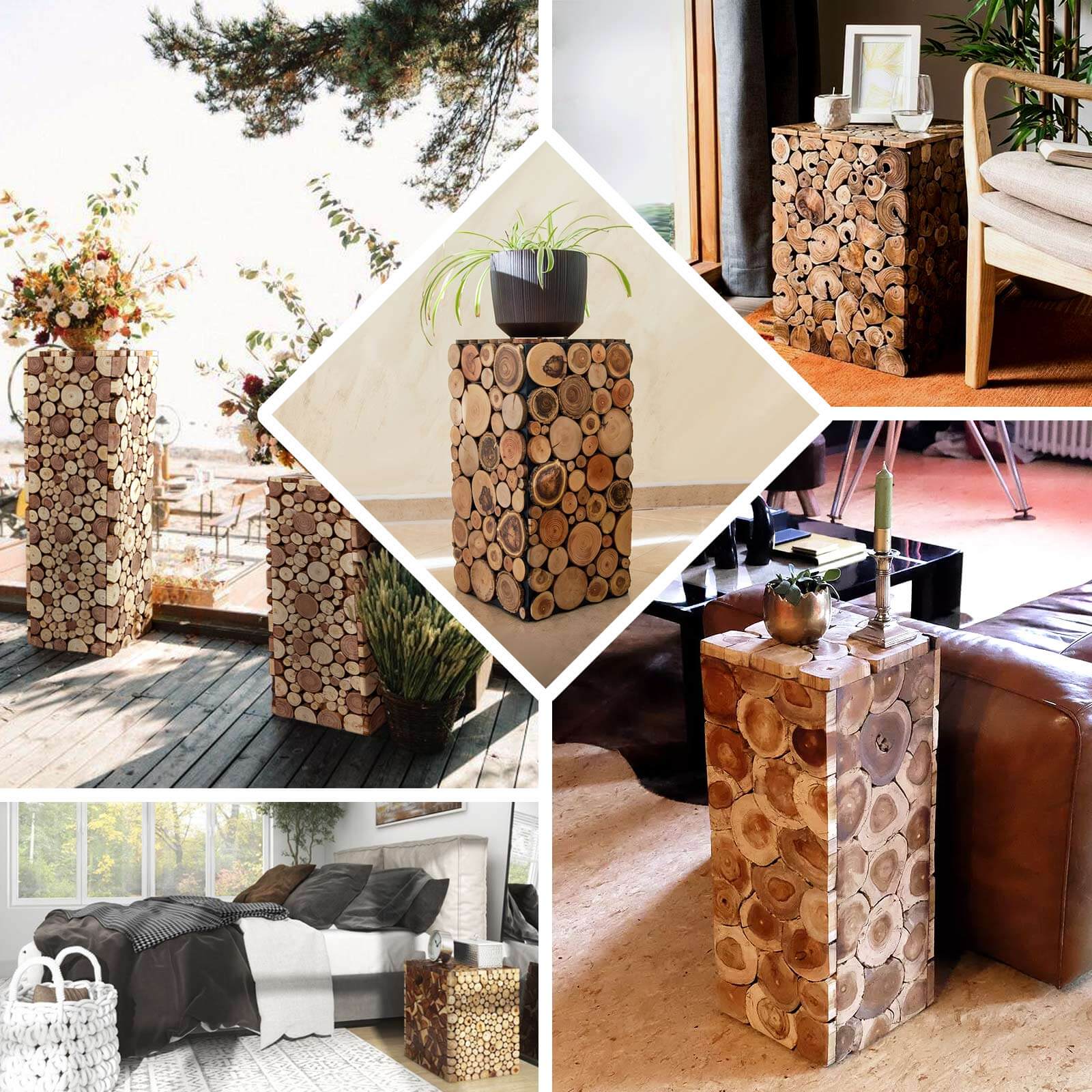 36" Natural Wooden Slices Pillar Prop Pedestal Stand, Rustic Farmhouse Wood Riser Rectangular Plant Stand