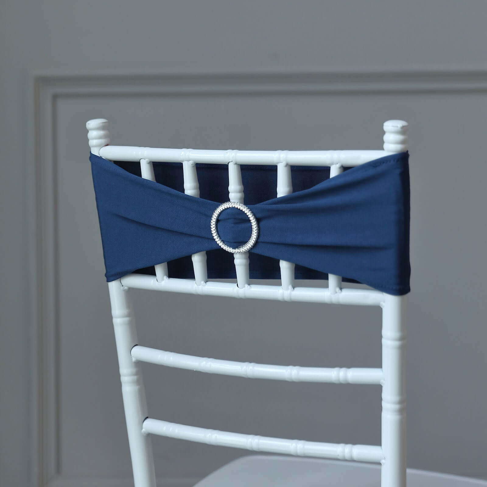 5 Pack Stretch Spandex Chair Sashes Navy Blue - Reusable Chair Bands with Silver Diamond Ring Slide Buckle 5"x14"