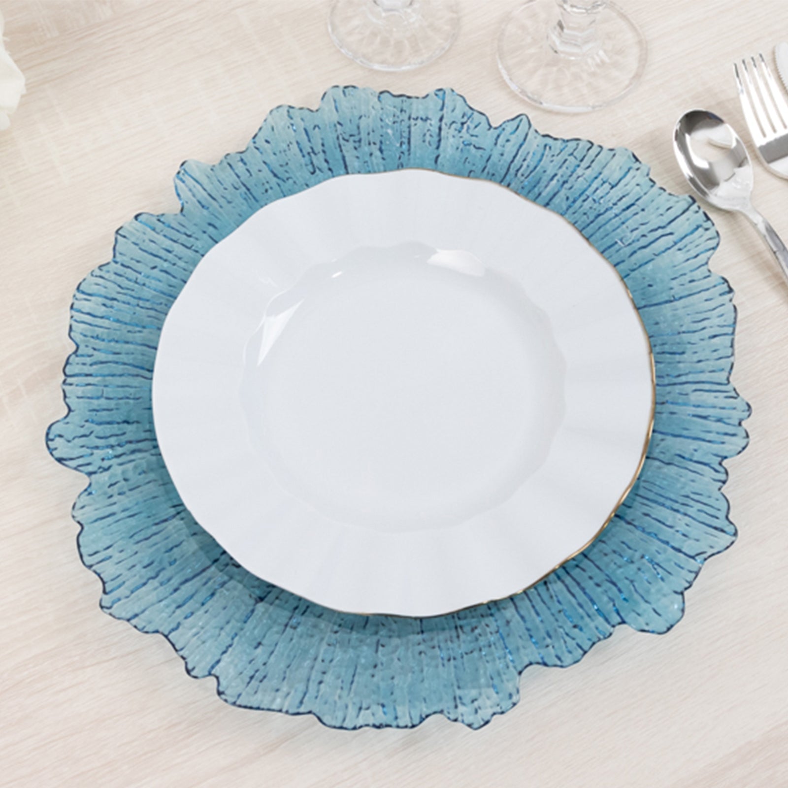 6-Pack Acrylic Plastic Round Charger Plates 13" in Transparent Dusty Blue with Reef Design, Dinner Charger Tableware