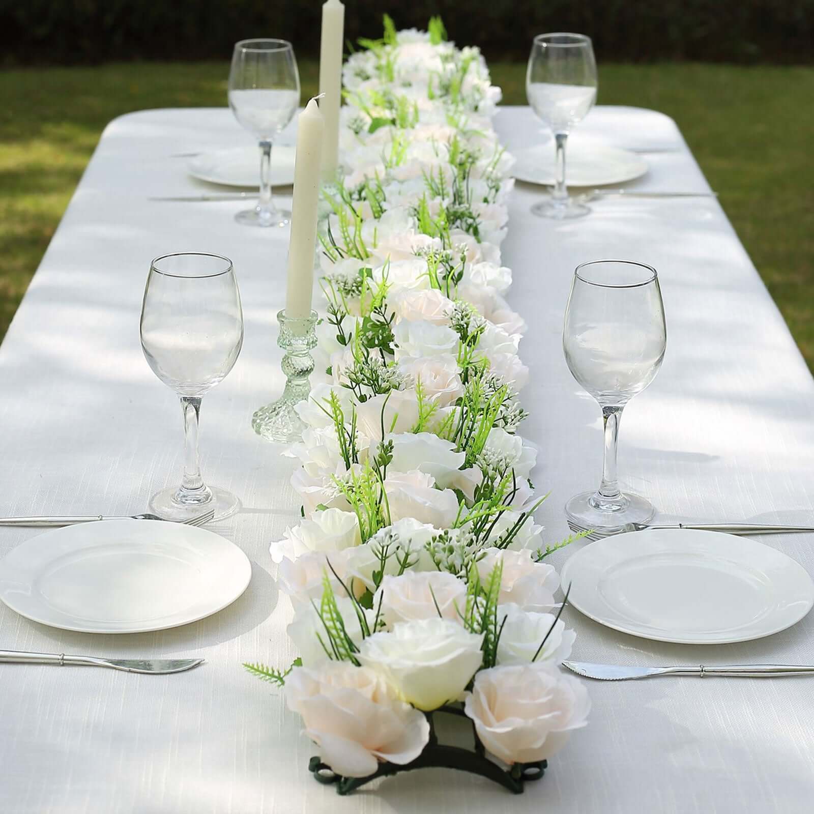 6 Pack Cream Ivory Silk Rose Flower Panel Table Runner, Artificial Floral Arrangements Wedding Table Centerpiece - 20"x8"