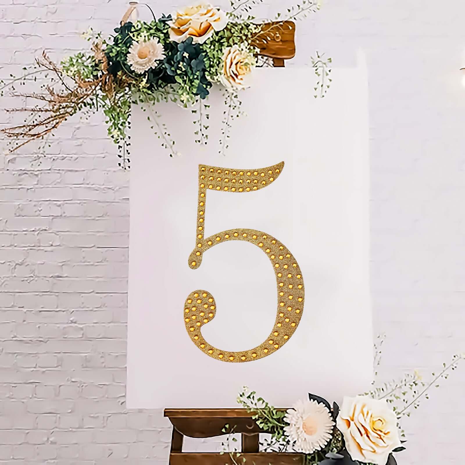 Decorative Rhinestone Number "5" Stickers, Glitter Adhesive Craft Numbers Gold DIY Sparkle Embellishments 8"