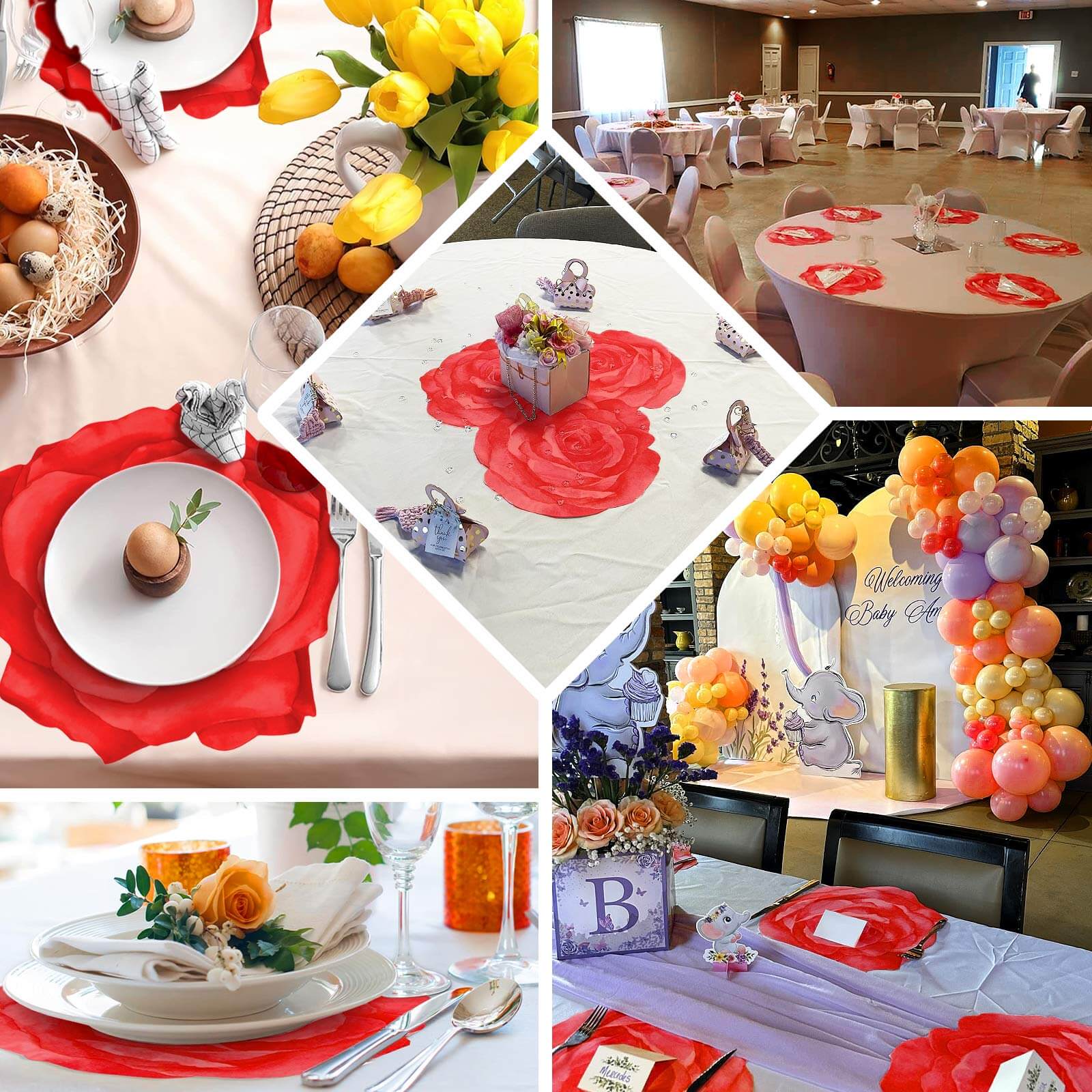 10-Pack Disposable Table Placemats with Red Rose Flower Design - 400GSM Floral Cardboard Placemats for Romantic Themes & Garden Parties 14"