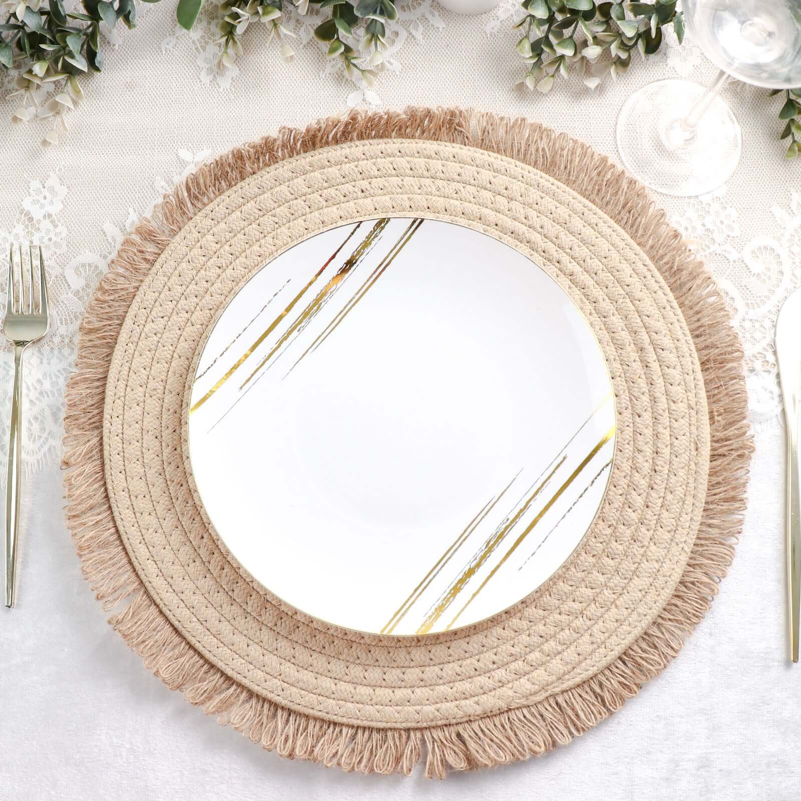 4-Pack Placemats Fringed Edge Design Natural Rustic Burlap Jute Round - Farmhouse Style Table Mats with Trim 15"