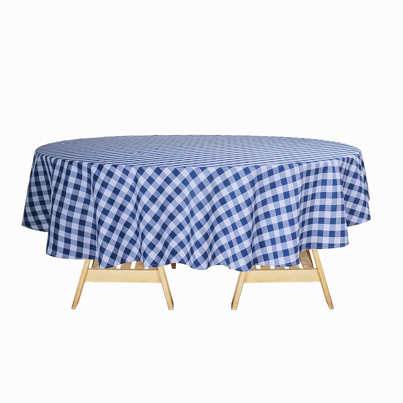 Polyester 108" Round Tablecloth White/Navy Blue - Checkered Buffalo Plaid Table Cover