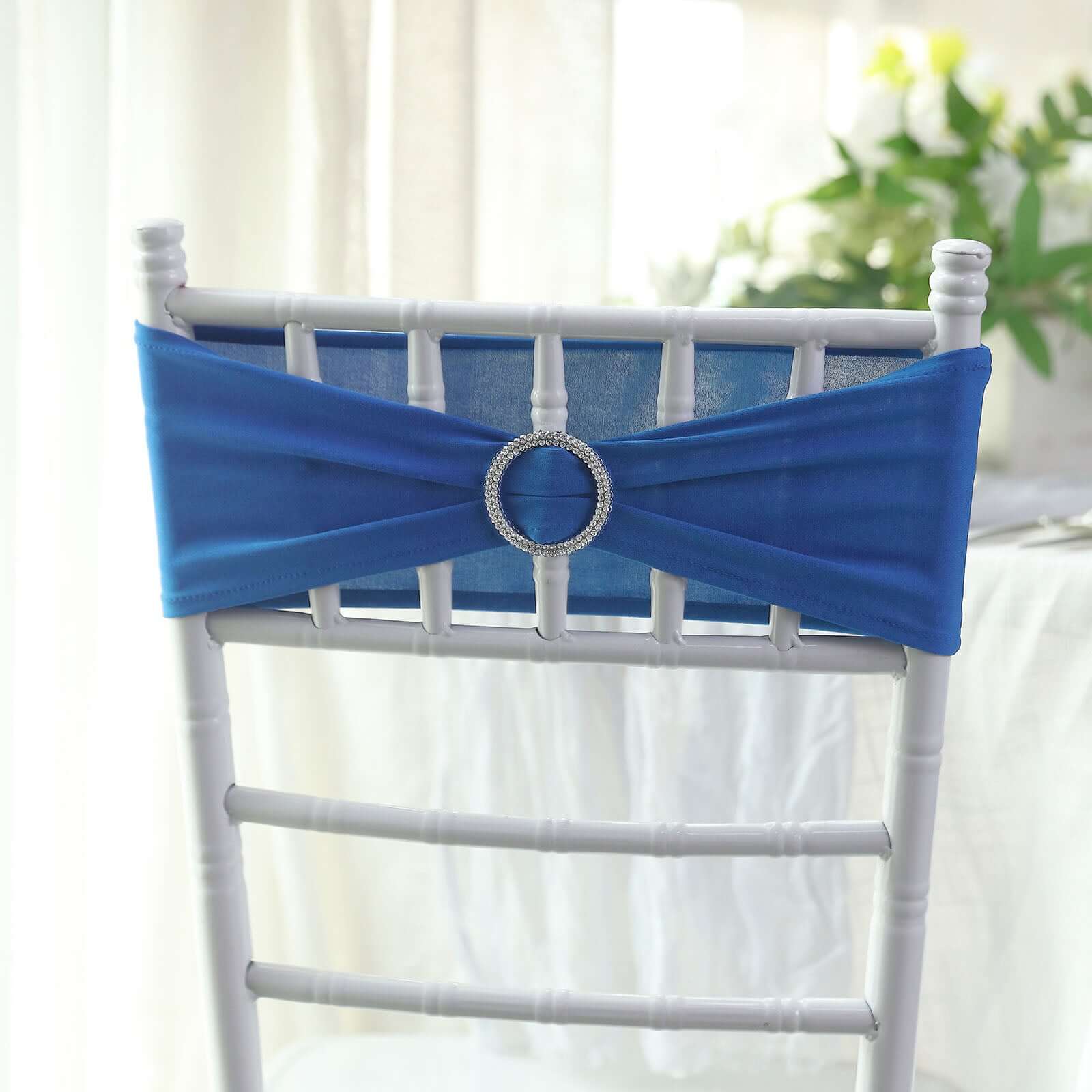 5 Pack Stretch Spandex Chair Sashes Royal Blue - Reusable Chair Bands with Silver Diamond Ring Slide Buckle 5"x14"