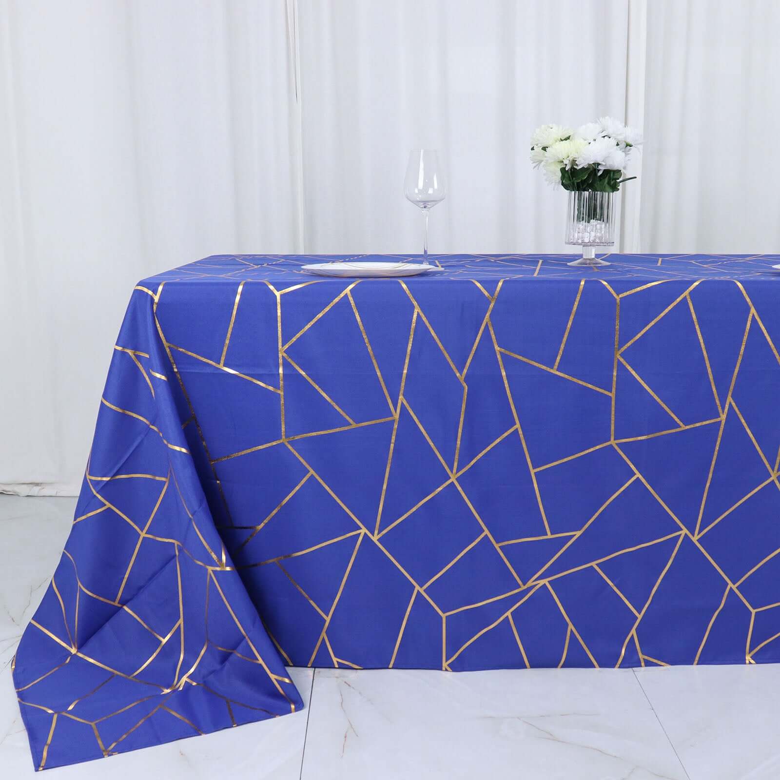 Polyester 90"x132" Rectangle Tablecloth Royal Blue with Gold Foil Geometric Pattern - Wrinkle-Resistant Seamless Table Cover