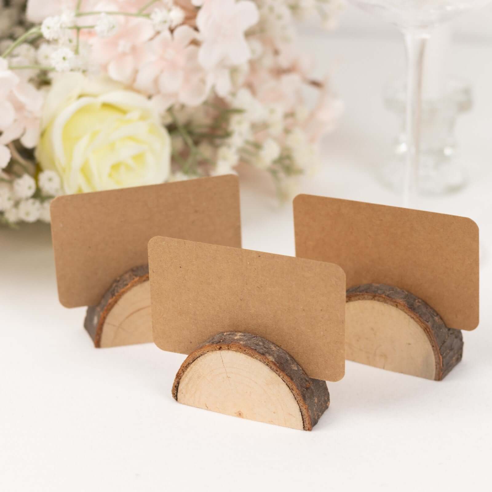 Set of 10 Wood Place Card Holders Rustic Semicircle Design Natural with Brown Paper - Wedding Table Number Display 2.5"