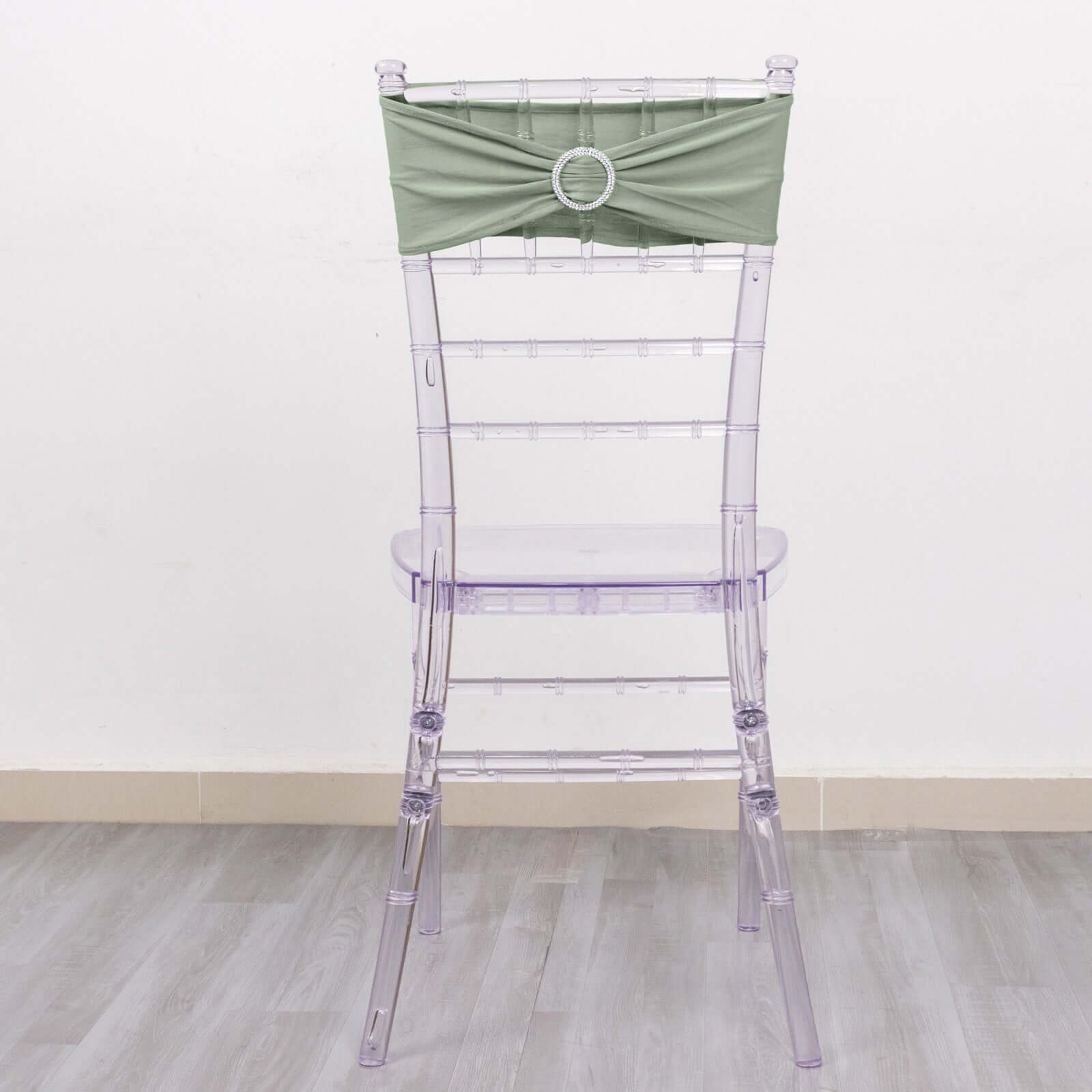 5 Pack Stretch Spandex Chair Sashes Sage Green - Reusable Chair Bands with Silver Diamond Ring Slide Buckle 5"x14"