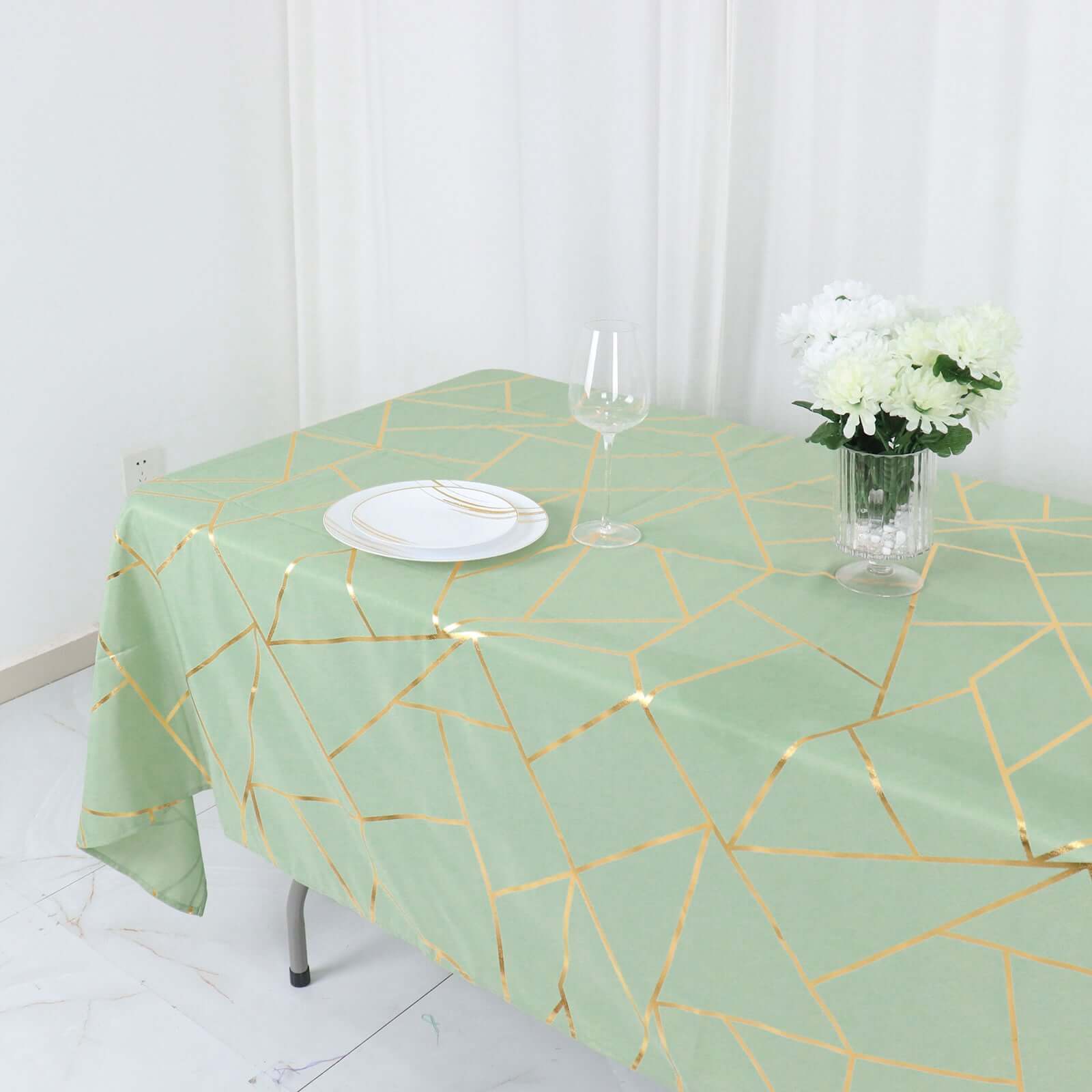 Polyester 60"x102" Rectangle Tablecloth Sage Green with Gold Foil Geometric Pattern - Wrinkle-Resistant & Durable Table Cover