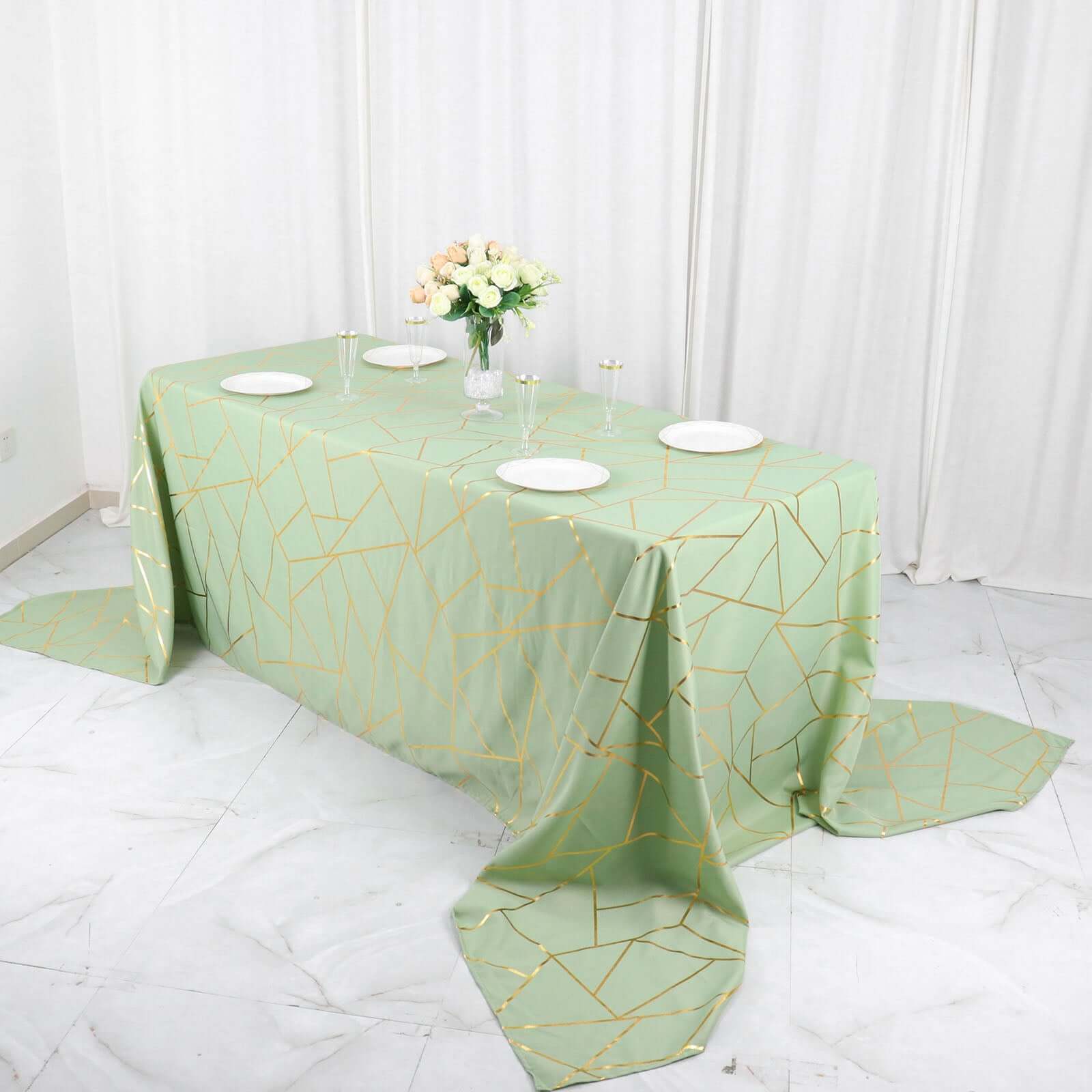 Polyester 90"x156" Rectangle Tablecloth Sage Green Seamless with Gold Foil Geometric Pattern - Wrinkle-Resistant Seamless Table Cover for Sophisticated Events