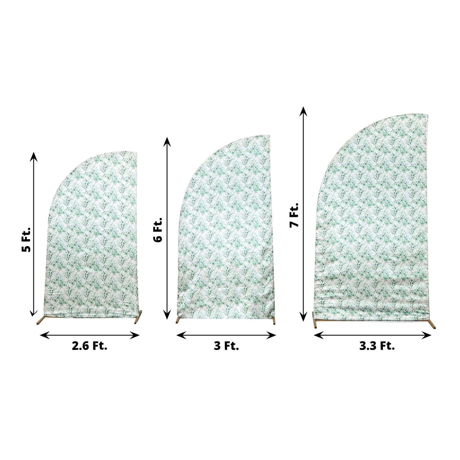 Set of 3 White Green Satin Chiara Wedding Arch Covers With Eucalyptus Leaves Print, Fitted Covers For Half Moon Backdrop Stands - 5ft, 6ft, 7ft