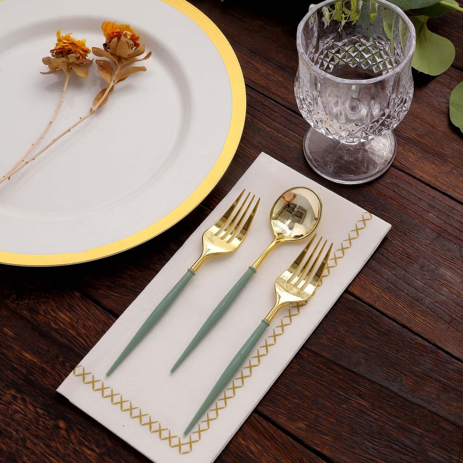 24-Pack Plastic Fork and Spoon Set Metallic Gold/Dusty Sage Green - Heavy Duty Disposable Modern Utensils 6"