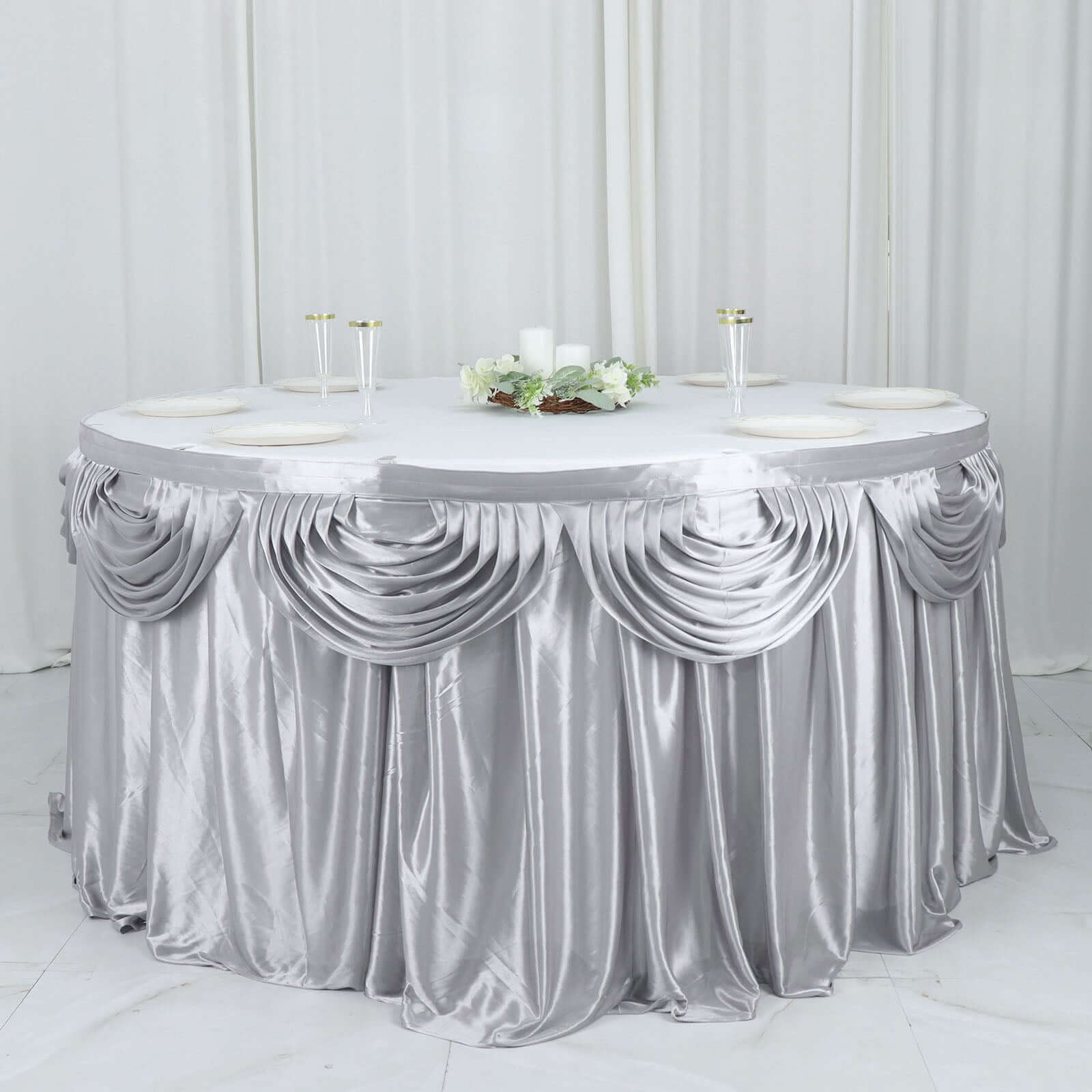 Satin 14ft Table Skirt Silver - Pleated Double Drape Table Cover