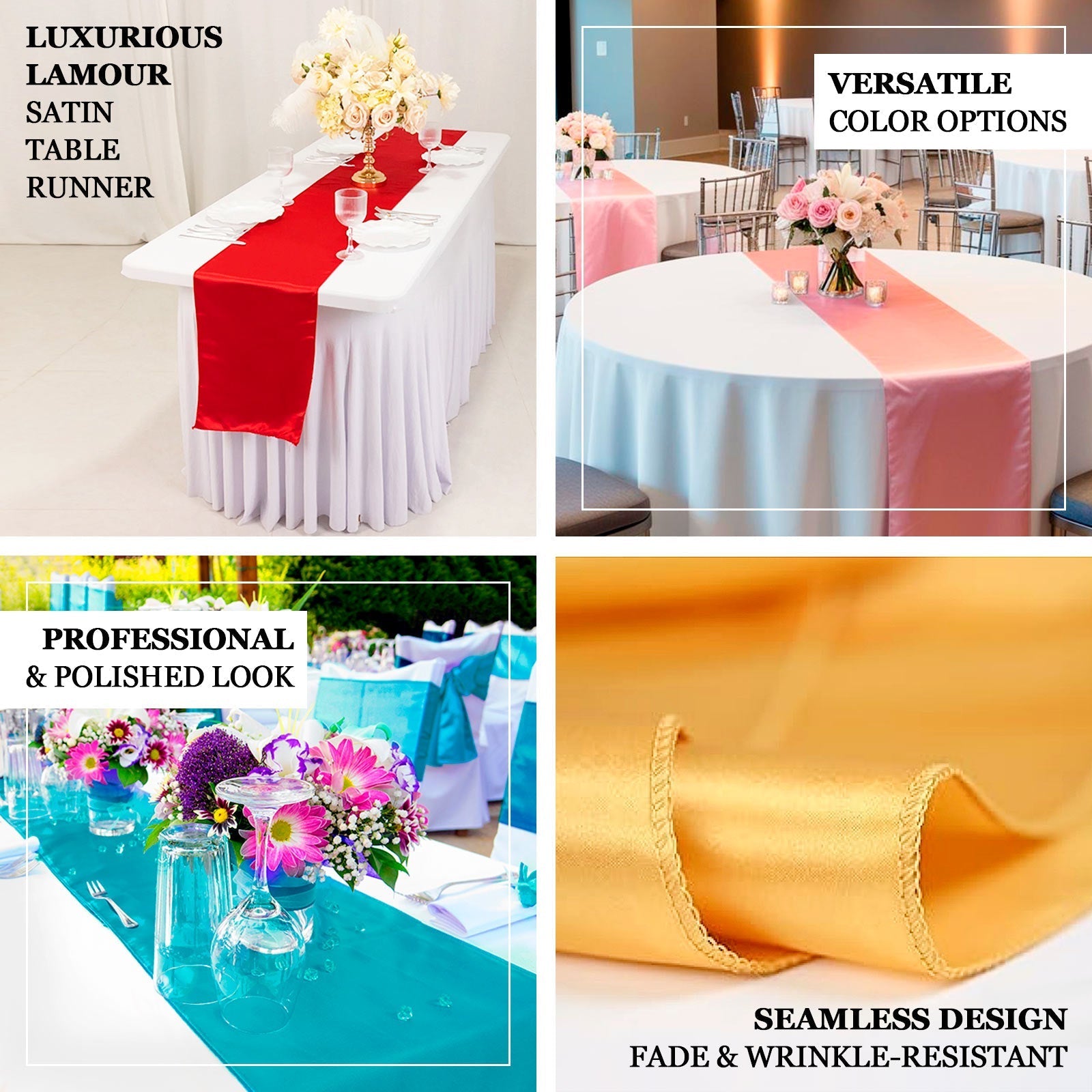 Lamour Satin 12"x108" Table Runner White - Smooth & Lustrous Wedding Decor