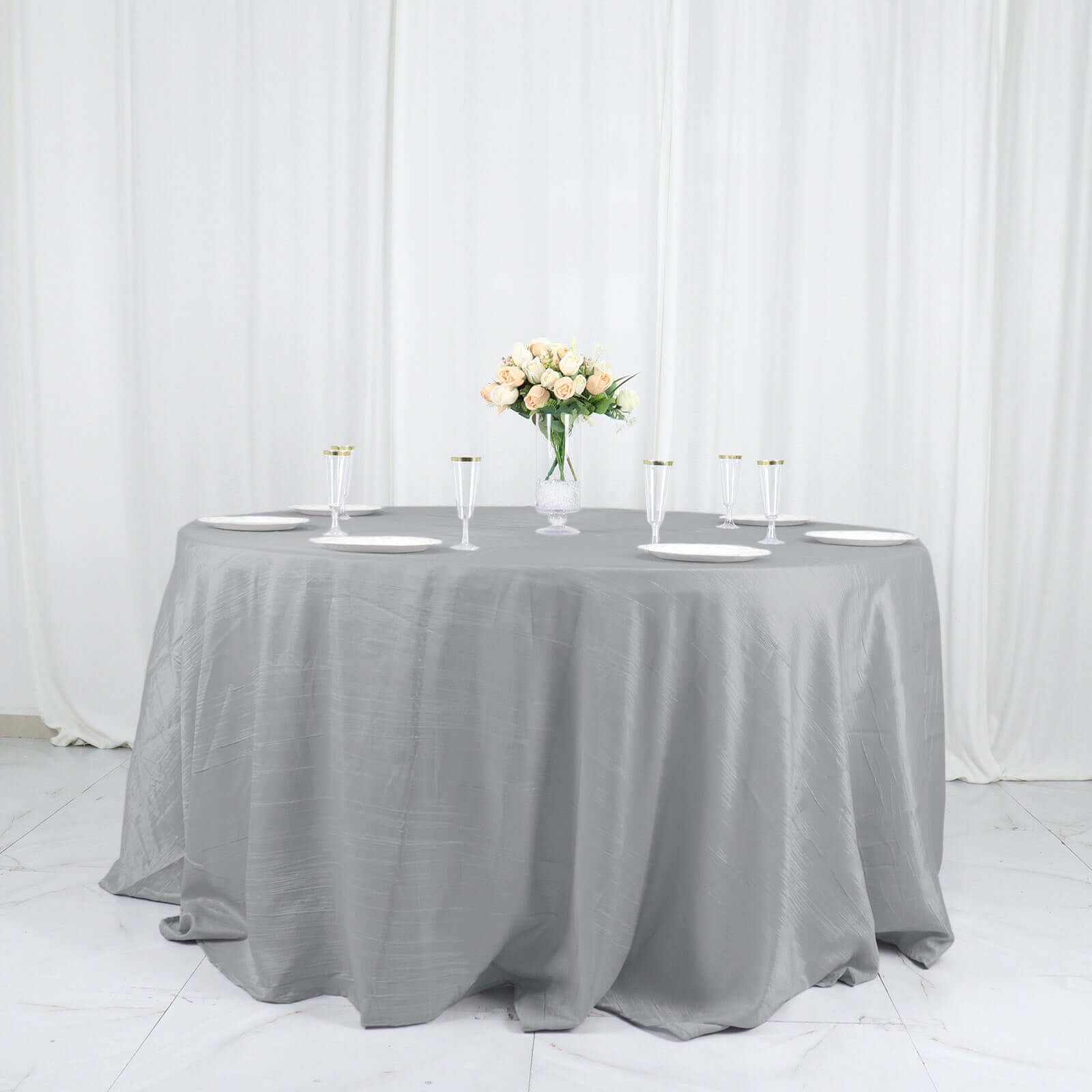 Taffeta 132" Round Tablecloth Silver - Seamless Accordion Crinkle Table Cover